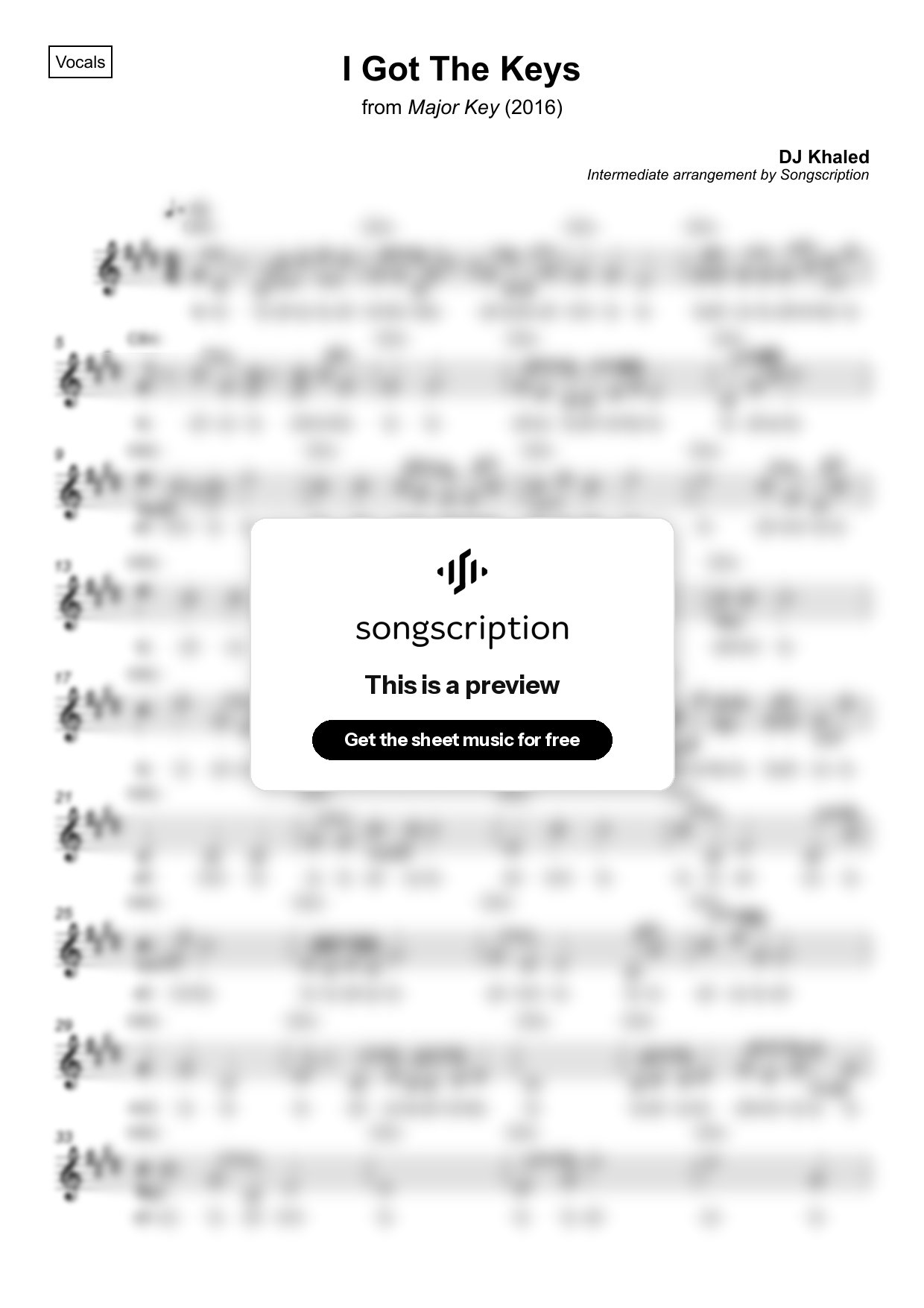 Intermediate Vocals Sheet Music for "I Got The Keys" by DJ Khaled