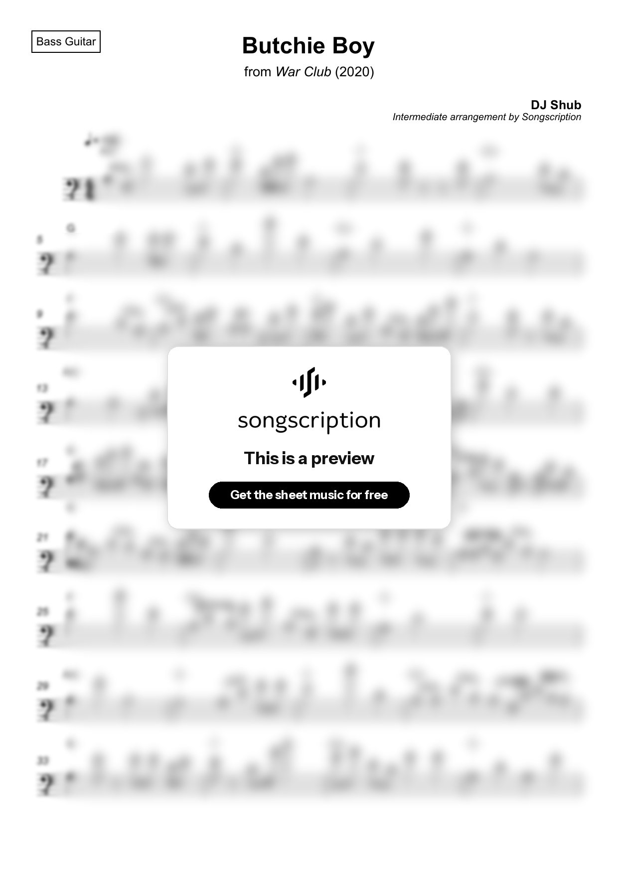 Intermediate Bass Guitar Sheet Music for "Butchie Boy" by DJ Shub