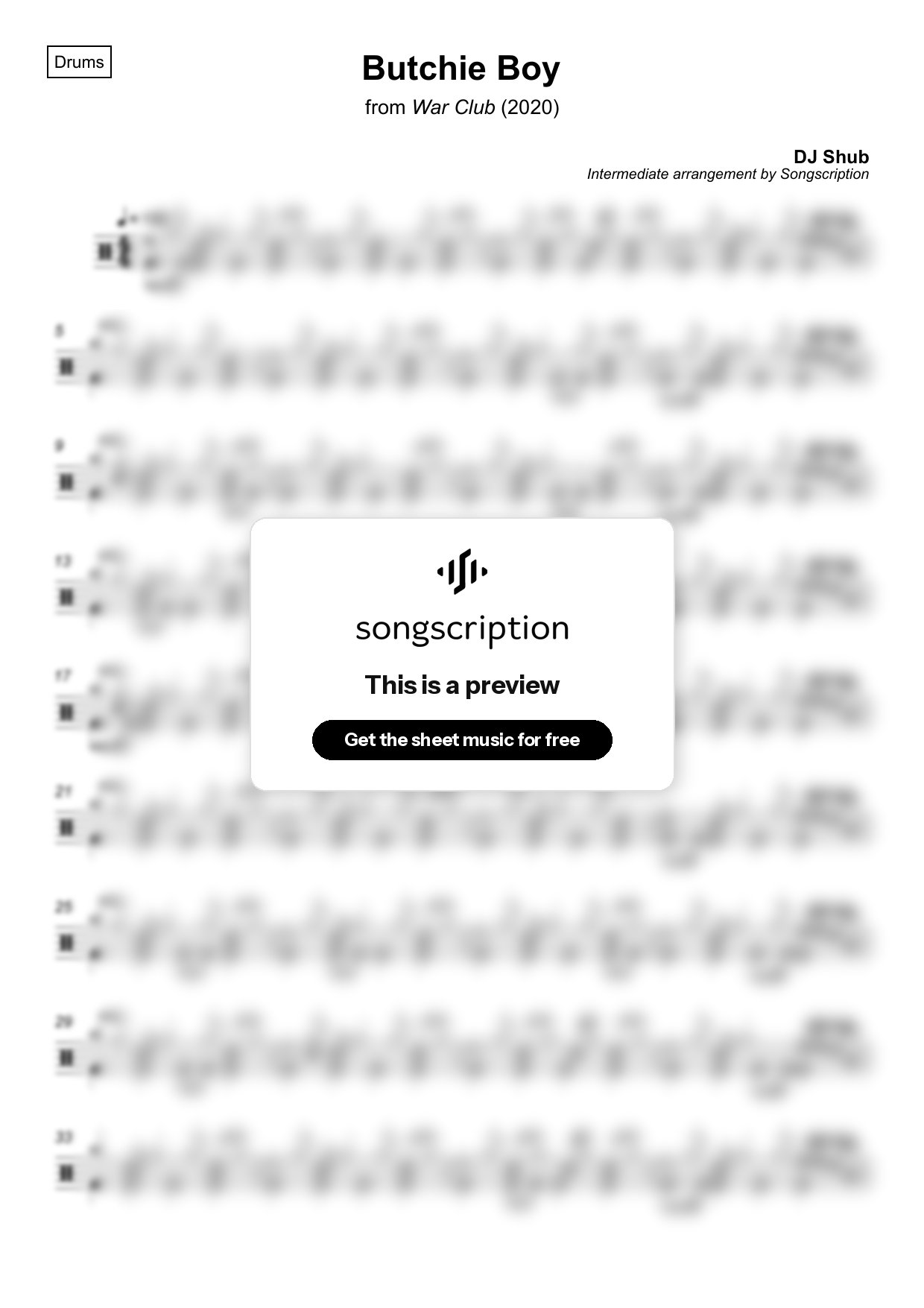 Intermediate Drums Sheet Music for "Butchie Boy" by DJ Shub