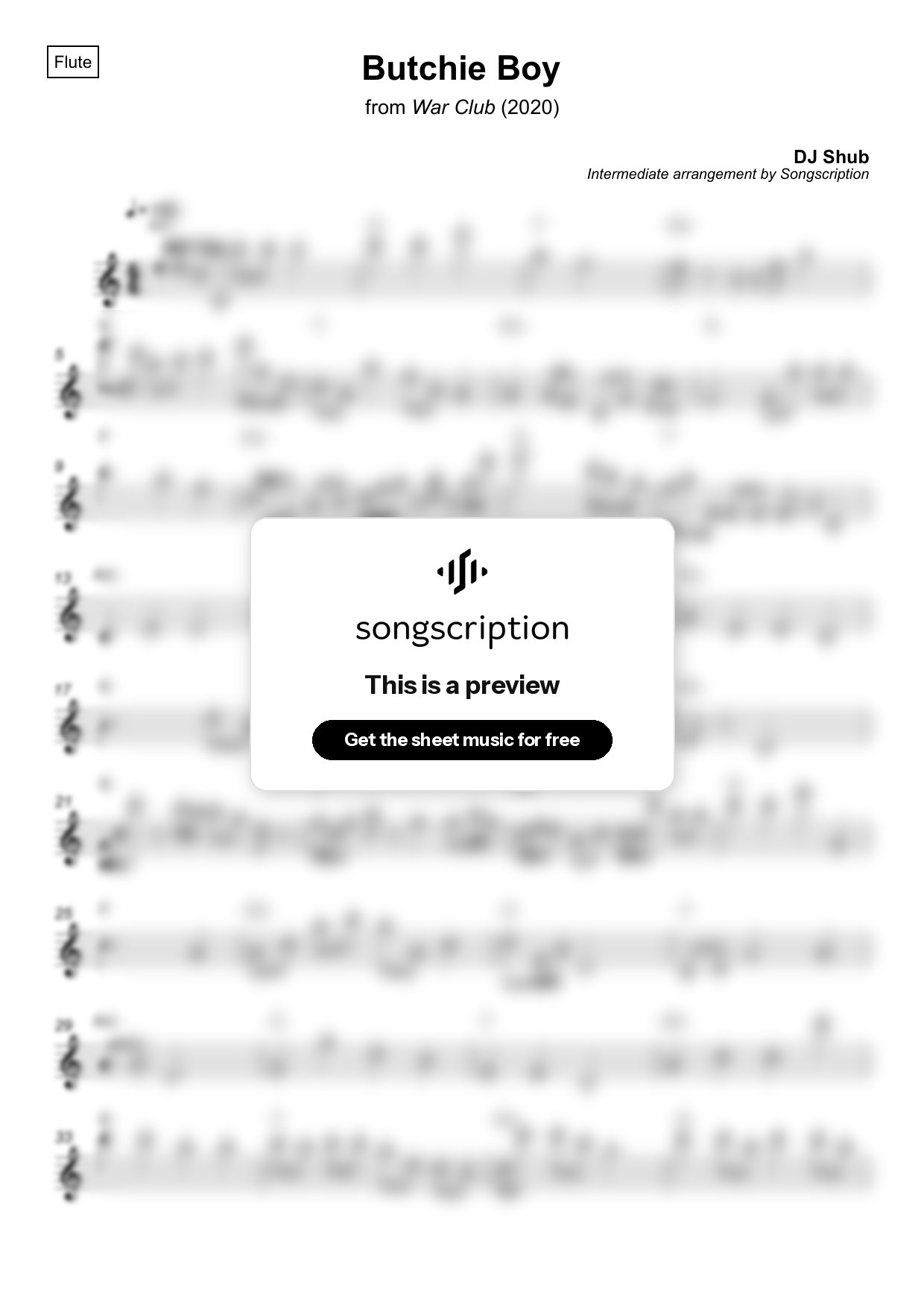 Intermediate Flute Sheet Music for "Butchie Boy" by DJ Shub