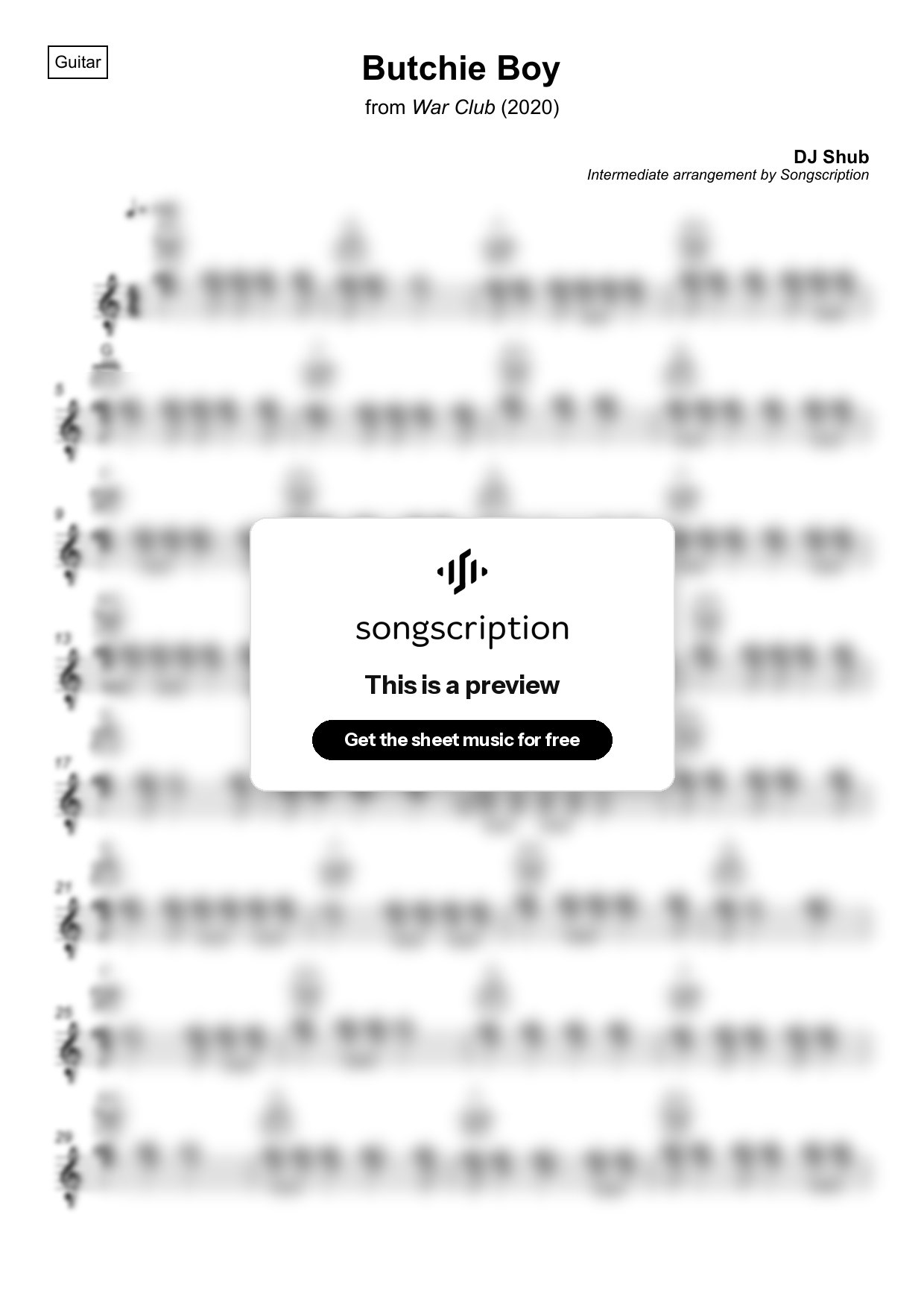 Intermediate Acoustic Guitar Sheet Music for "Butchie Boy" by DJ Shub