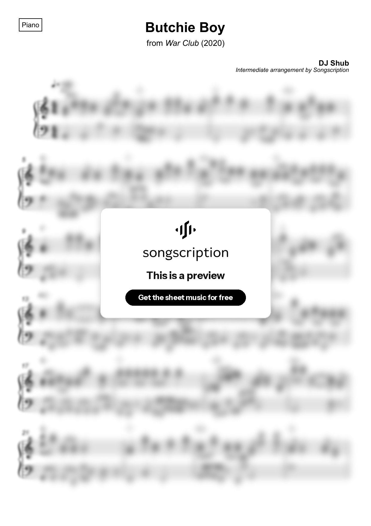Intermediate Piano Sheet Music for "Butchie Boy" by DJ Shub