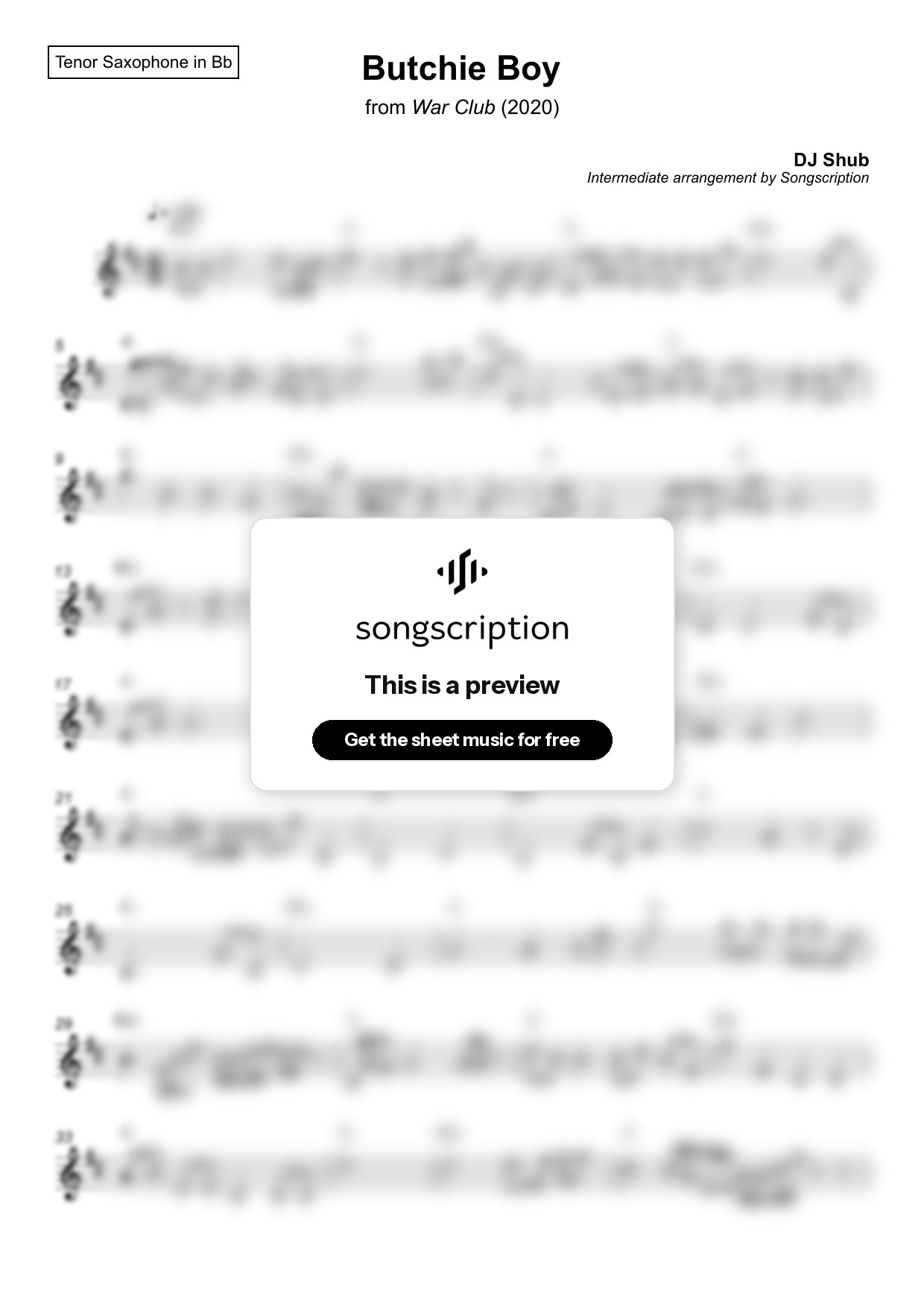Intermediate Tenor Sax Sheet Music for "Butchie Boy" by DJ Shub