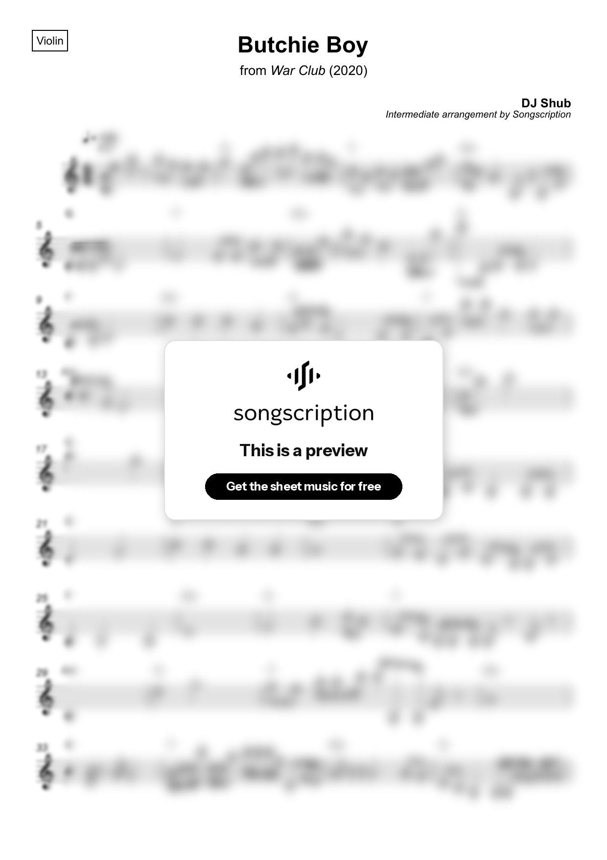 Intermediate Violin Sheet Music for "Butchie Boy" by DJ Shub