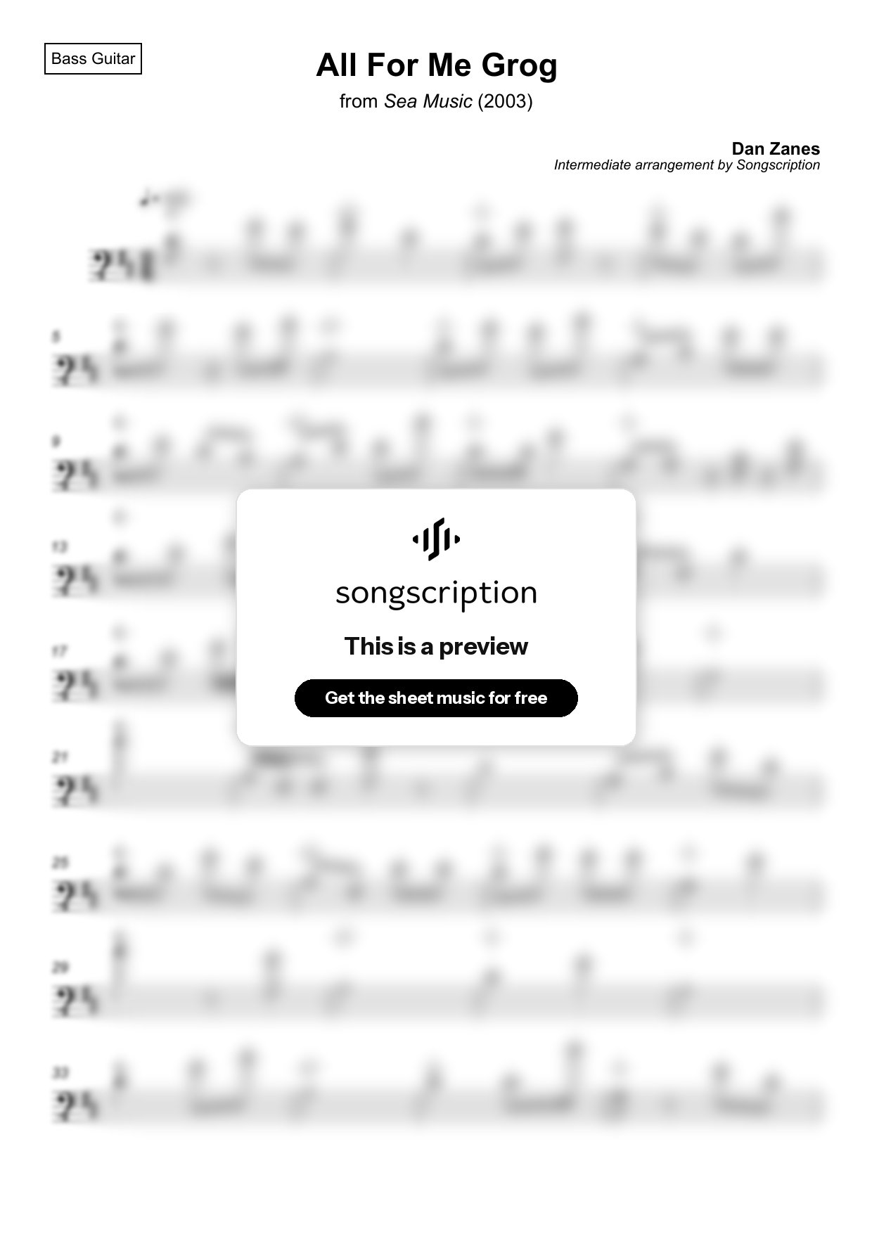 Intermediate Bass Guitar Sheet Music for "All For Me Grog" by Dan Zanes