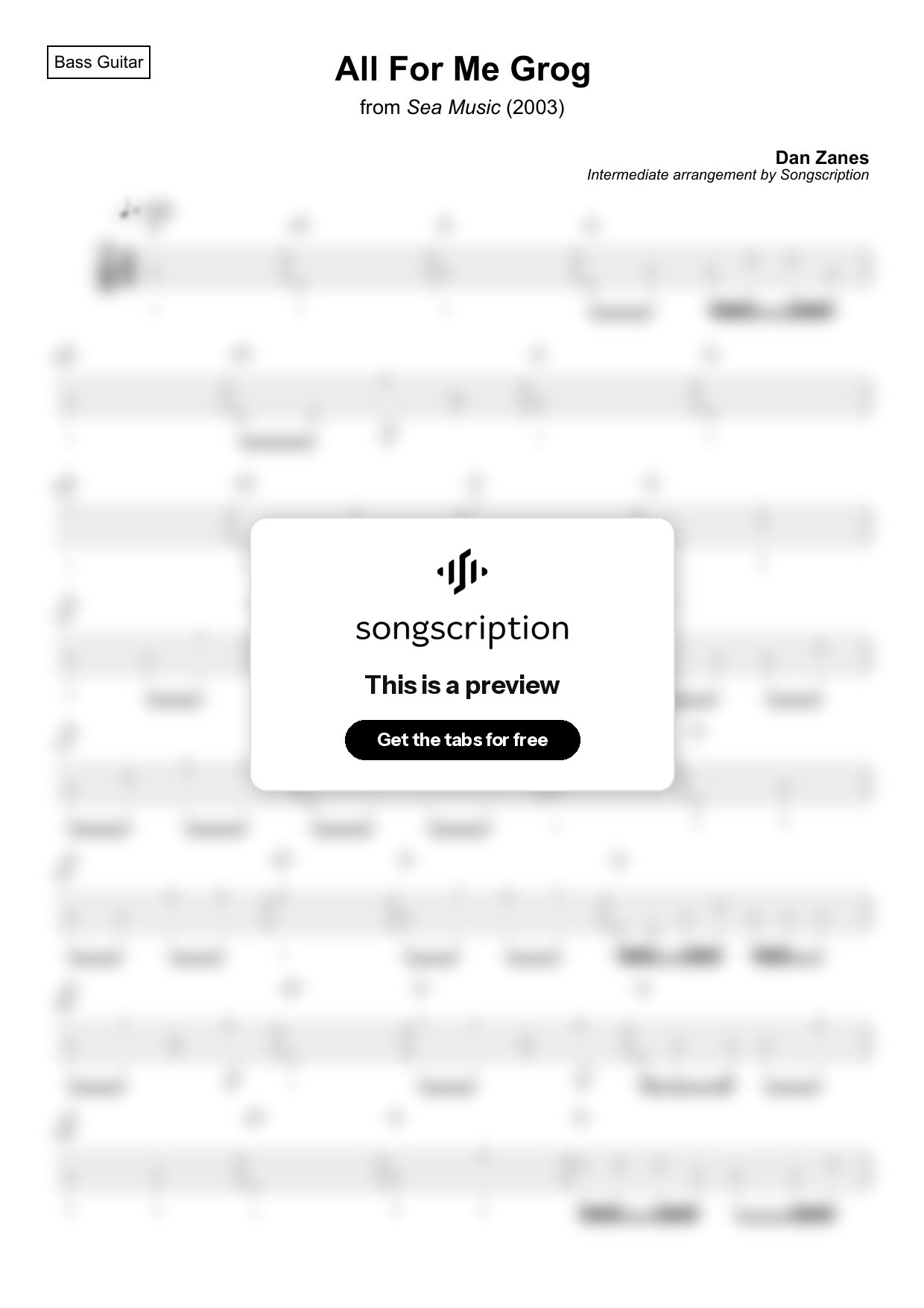 Intermediate Bass Guitar Tabs for "All For Me Grog" by Dan Zanes