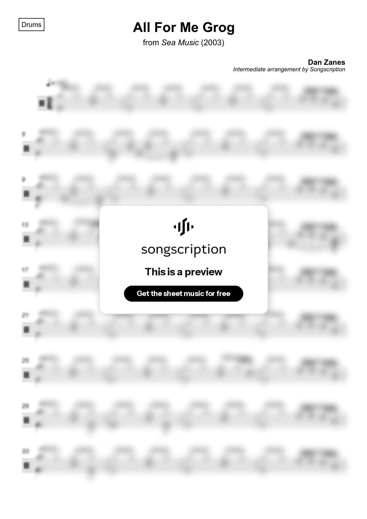 Intermediate Drums Sheet Music for "All For Me Grog" by Dan Zanes