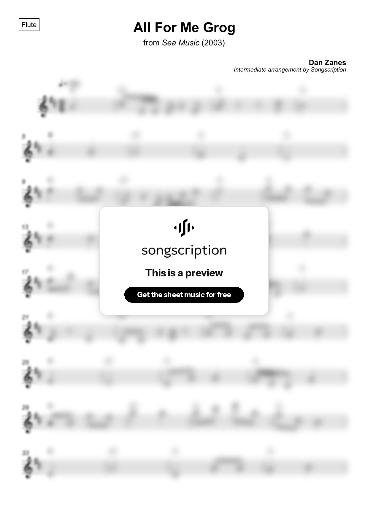 Intermediate Flute Sheet Music for "All For Me Grog" by Dan Zanes