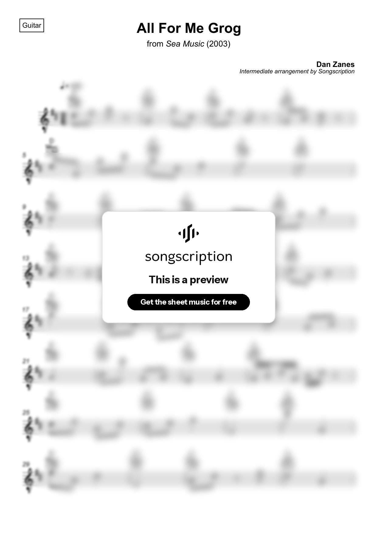Intermediate Acoustic Guitar Sheet Music for "All For Me Grog" by Dan Zanes