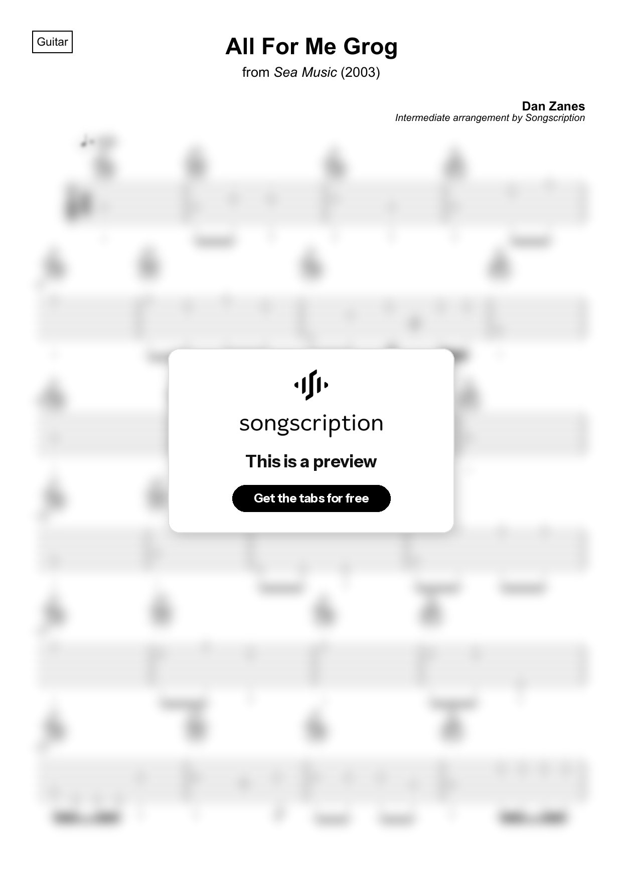 Intermediate Acoustic Guitar Tabs for "All For Me Grog" by Dan Zanes