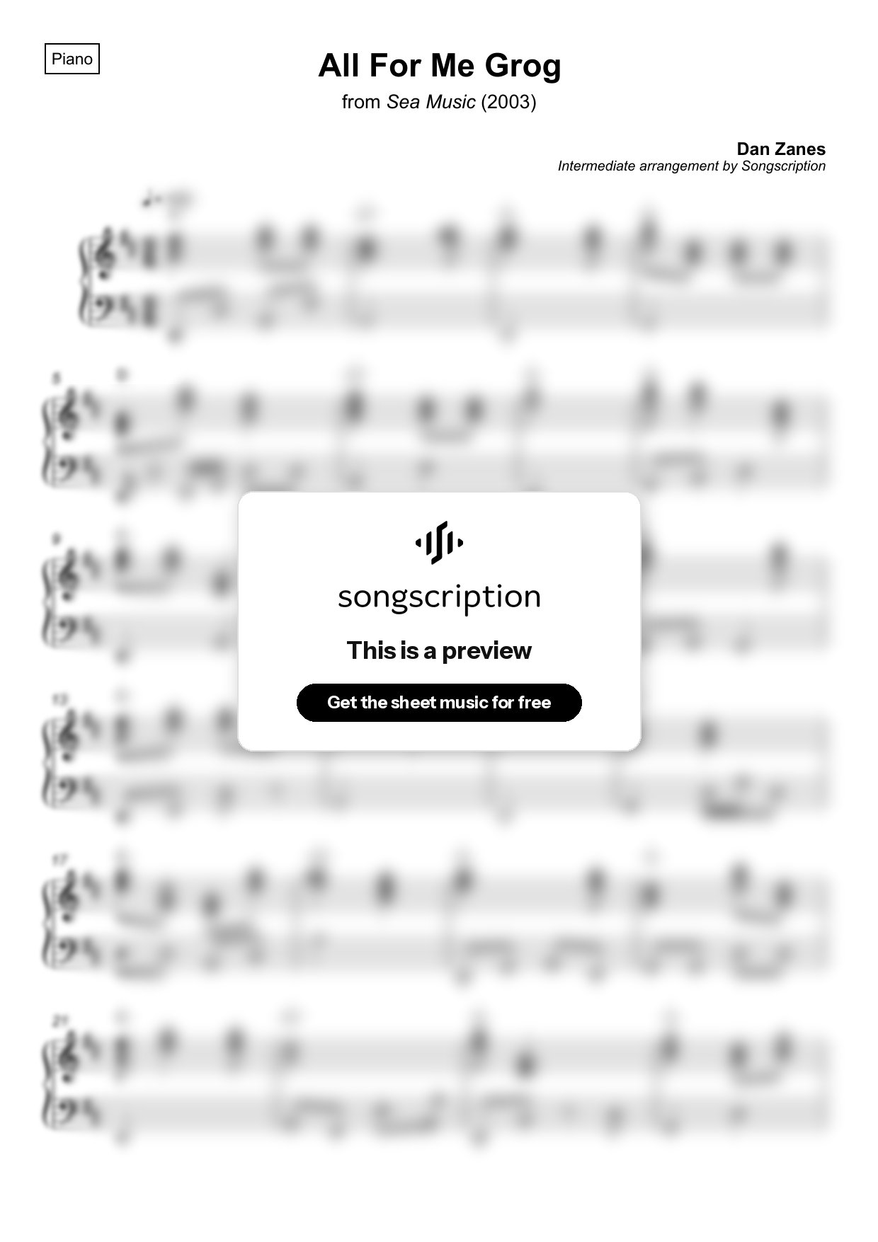 Intermediate Piano Sheet Music for "All For Me Grog" by Dan Zanes
