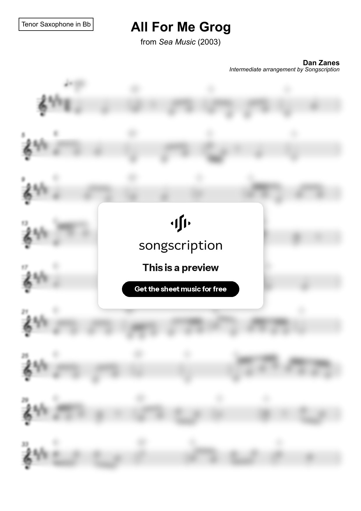 Intermediate Tenor Sax Sheet Music for "All For Me Grog" by Dan Zanes