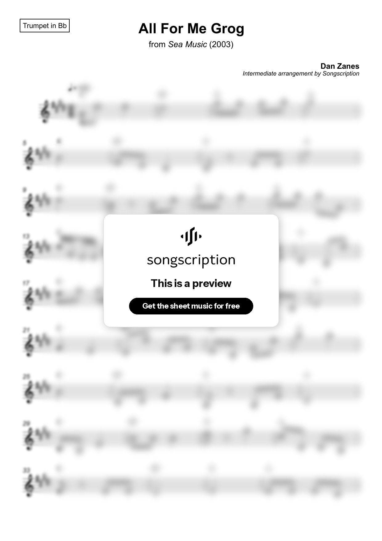 Intermediate Trumpet Sheet Music for "All For Me Grog" by Dan Zanes