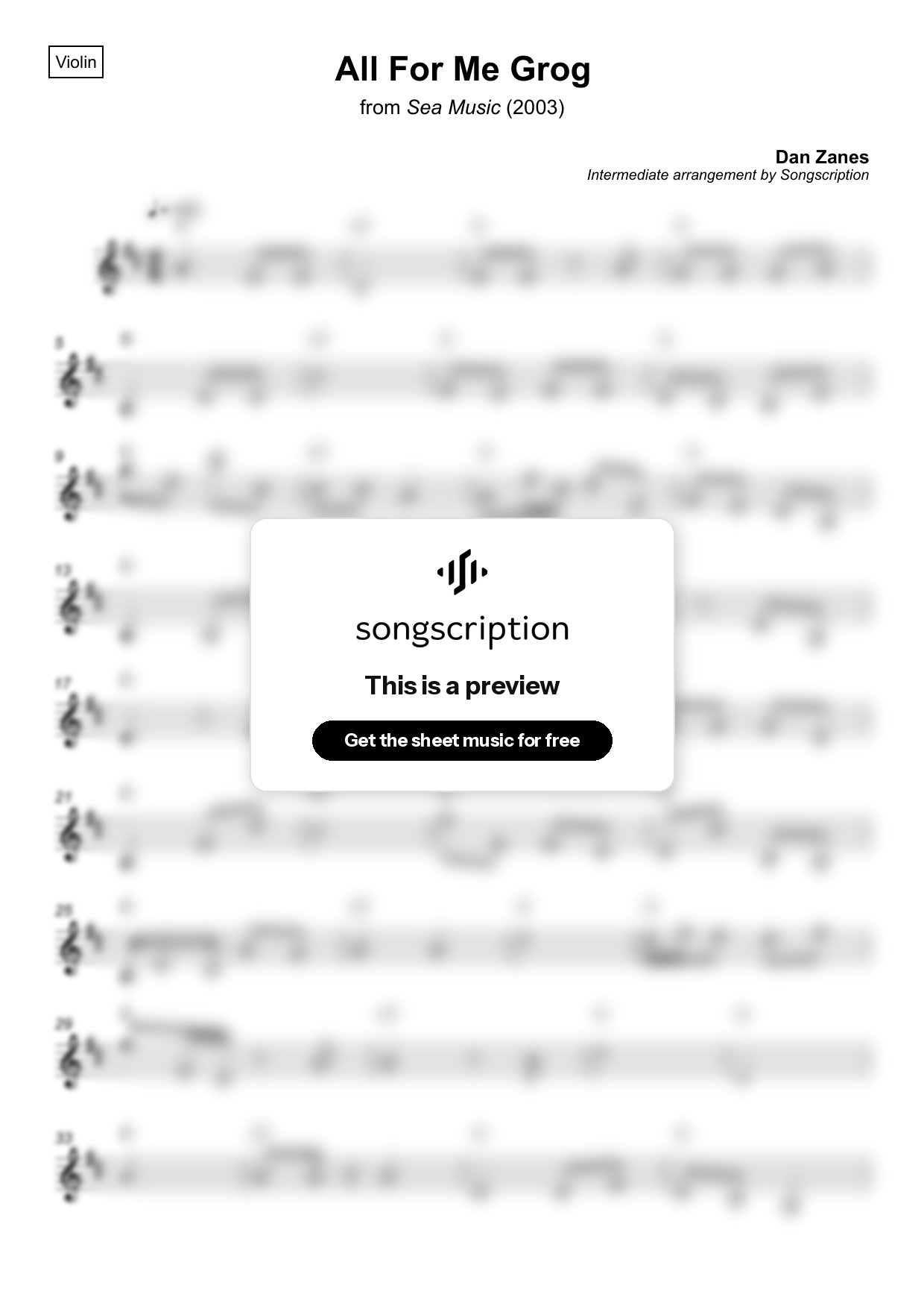 Intermediate Violin Sheet Music for "All For Me Grog" by Dan Zanes