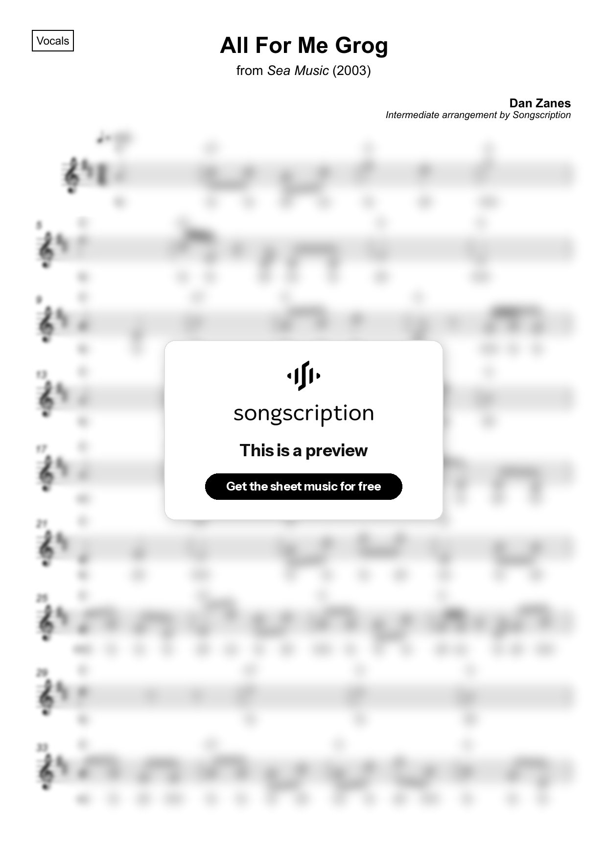 Intermediate Vocals Sheet Music for "All For Me Grog" by Dan Zanes