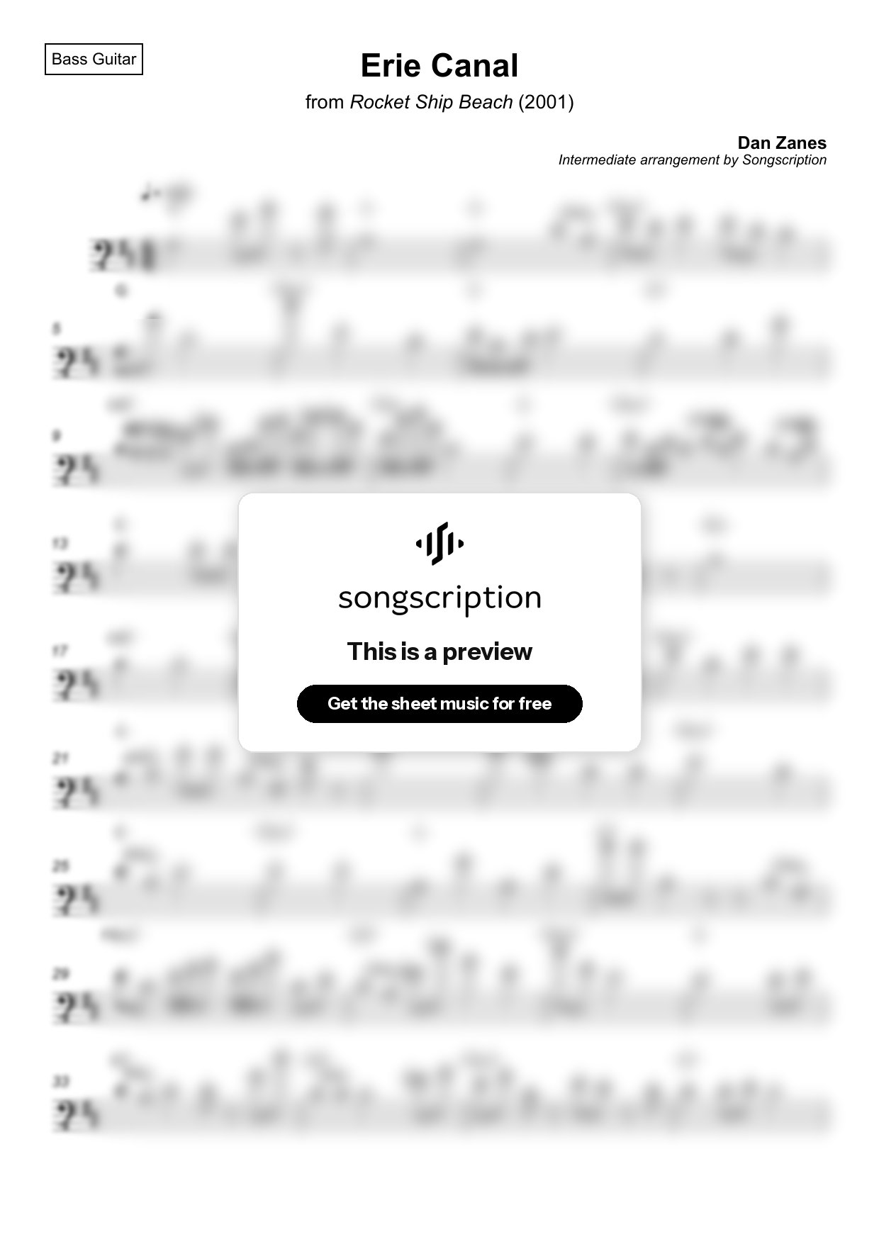Intermediate Bass Guitar Sheet Music for "Erie Canal" by Dan Zanes