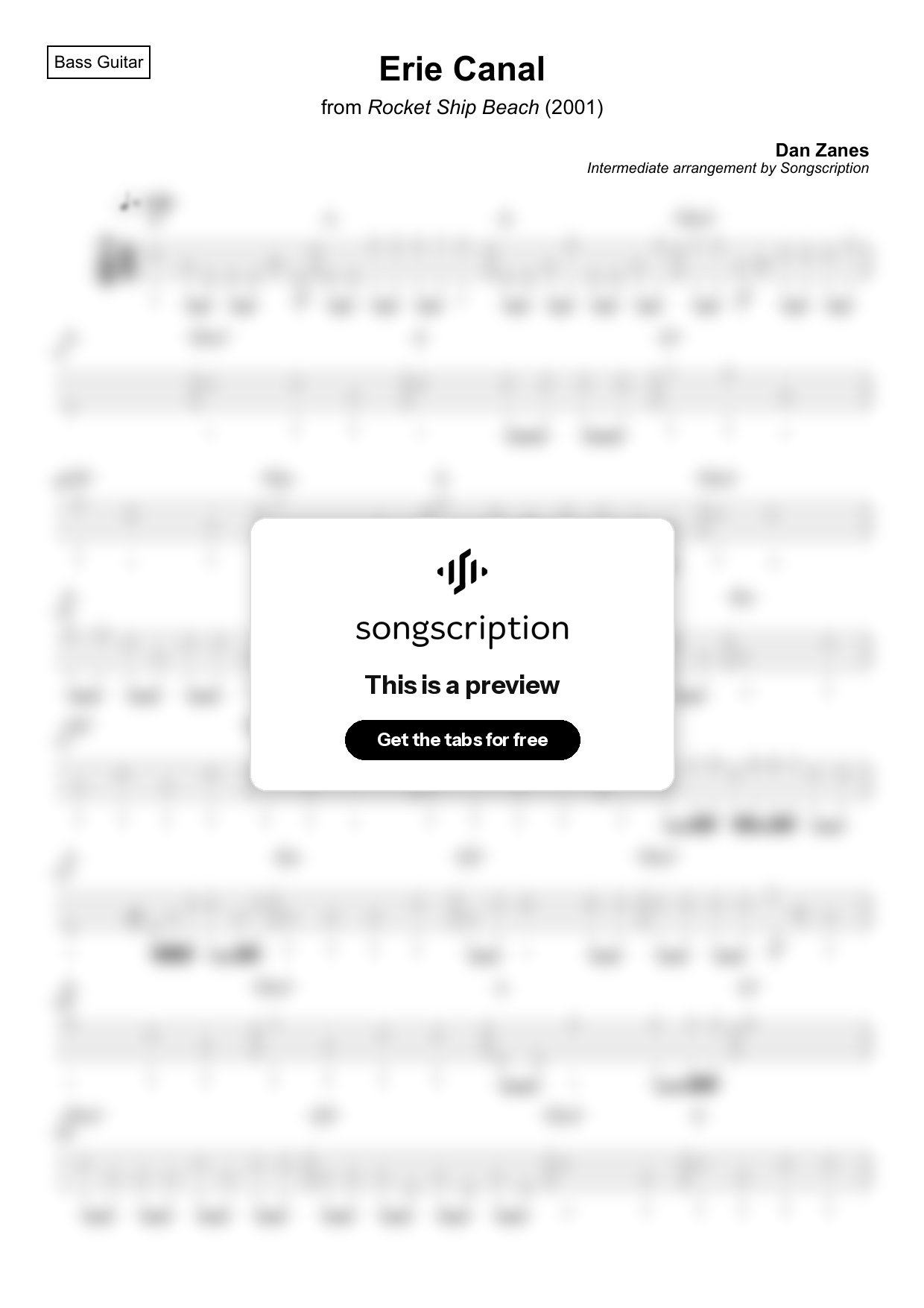 Intermediate Bass Guitar Tabs for "Erie Canal" by Dan Zanes