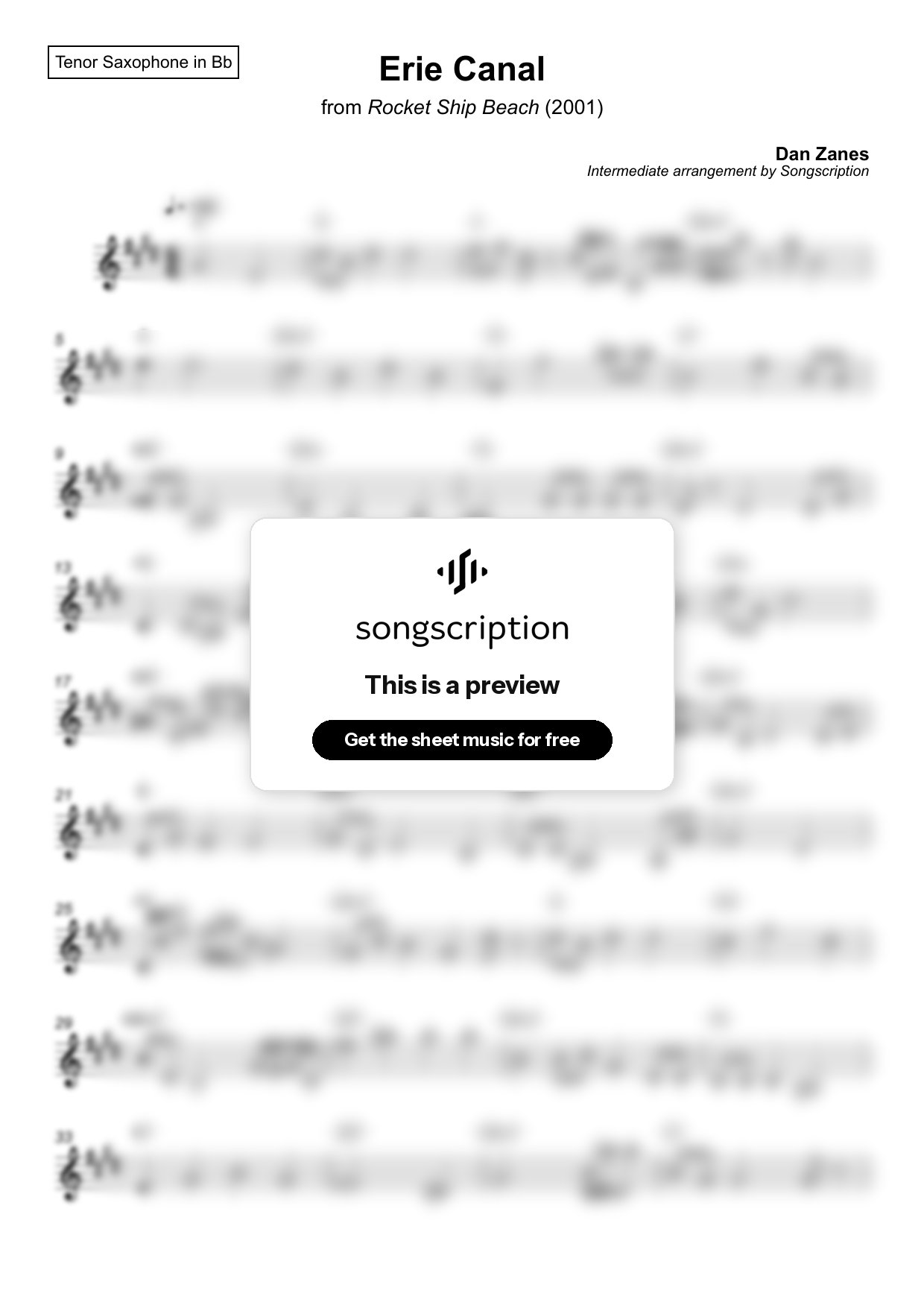 Intermediate Tenor Sax Sheet Music for "Erie Canal" by Dan Zanes