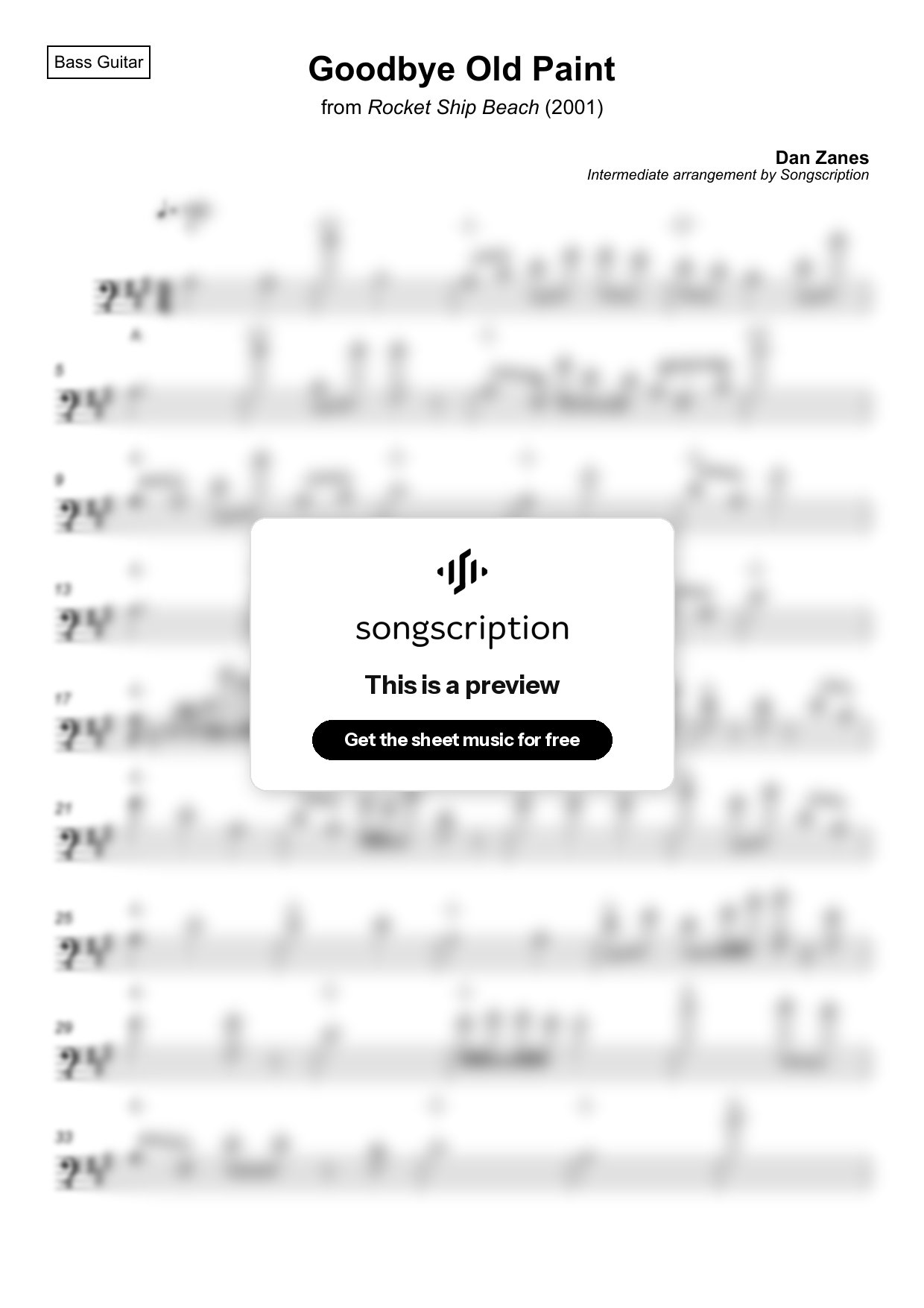 Intermediate Bass Guitar Sheet Music for "Goodbye Old Paint" by Dan Zanes