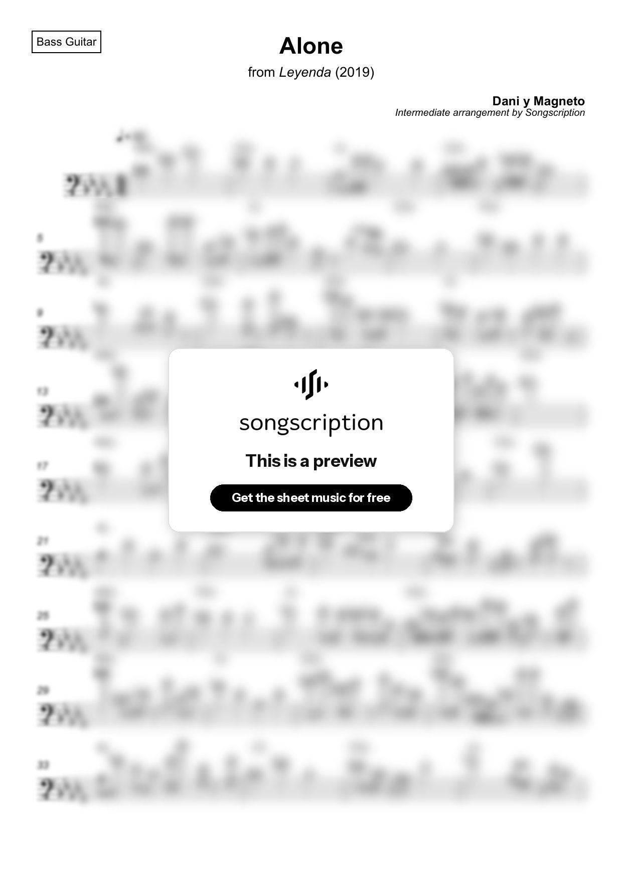 Intermediate Bass Guitar Sheet Music for "Alone" by Dani y Magneto