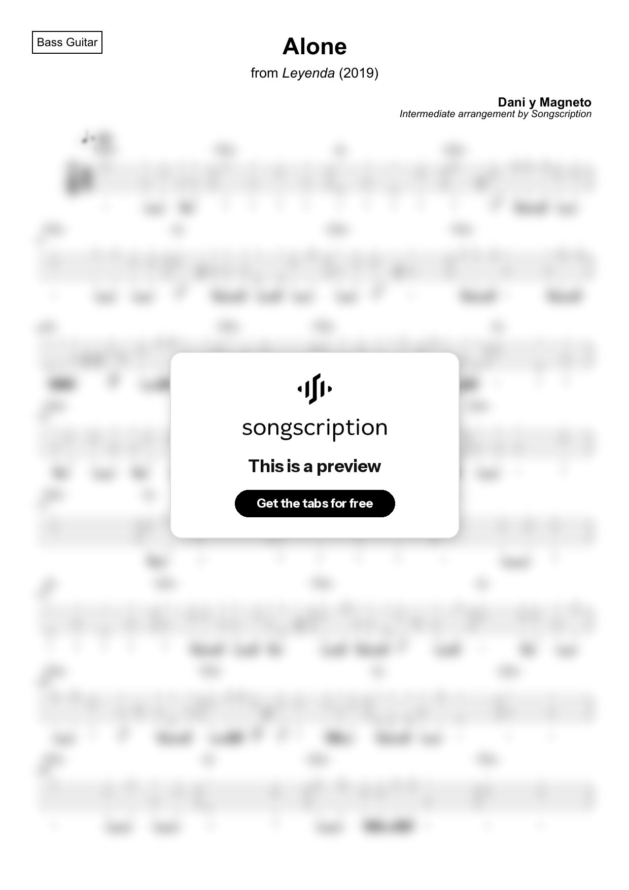 Intermediate Bass Guitar Tabs for "Alone" by Dani y Magneto