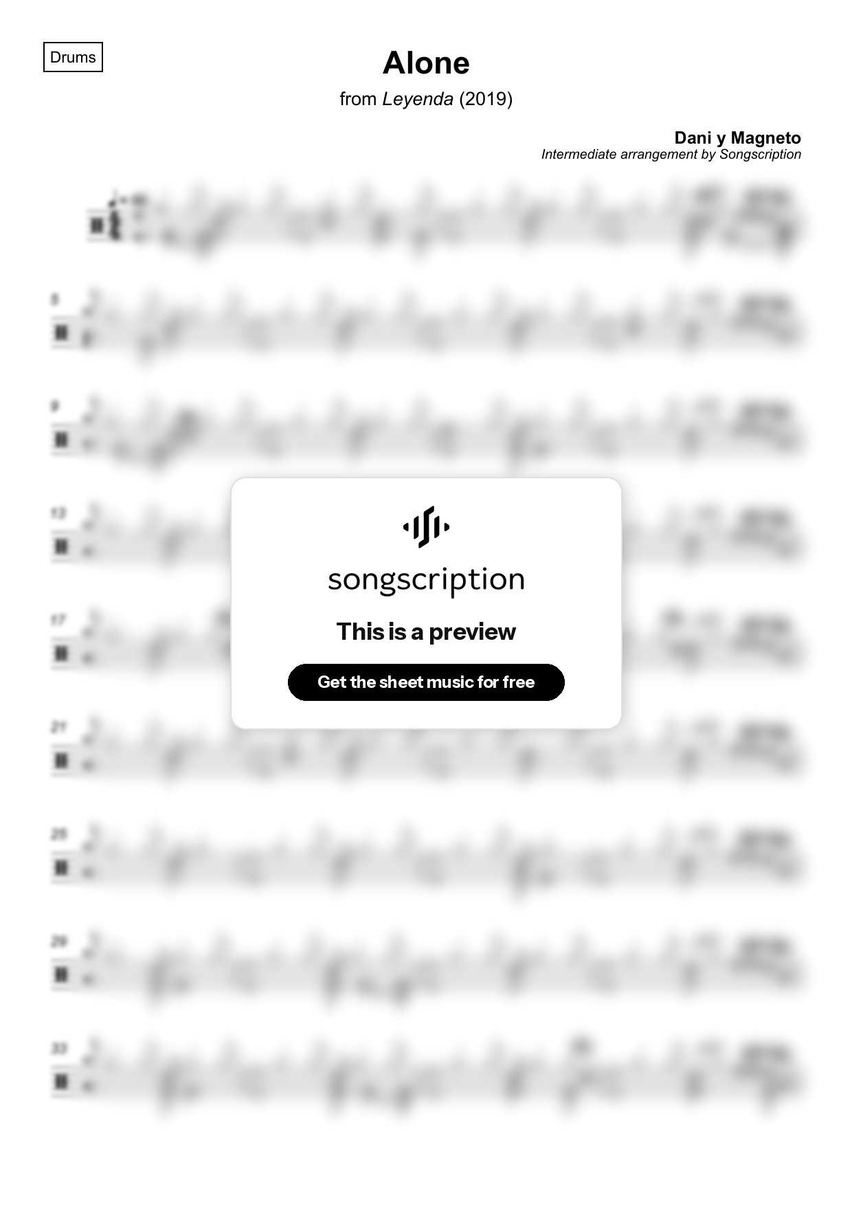 Intermediate Drums Sheet Music for "Alone" by Dani y Magneto