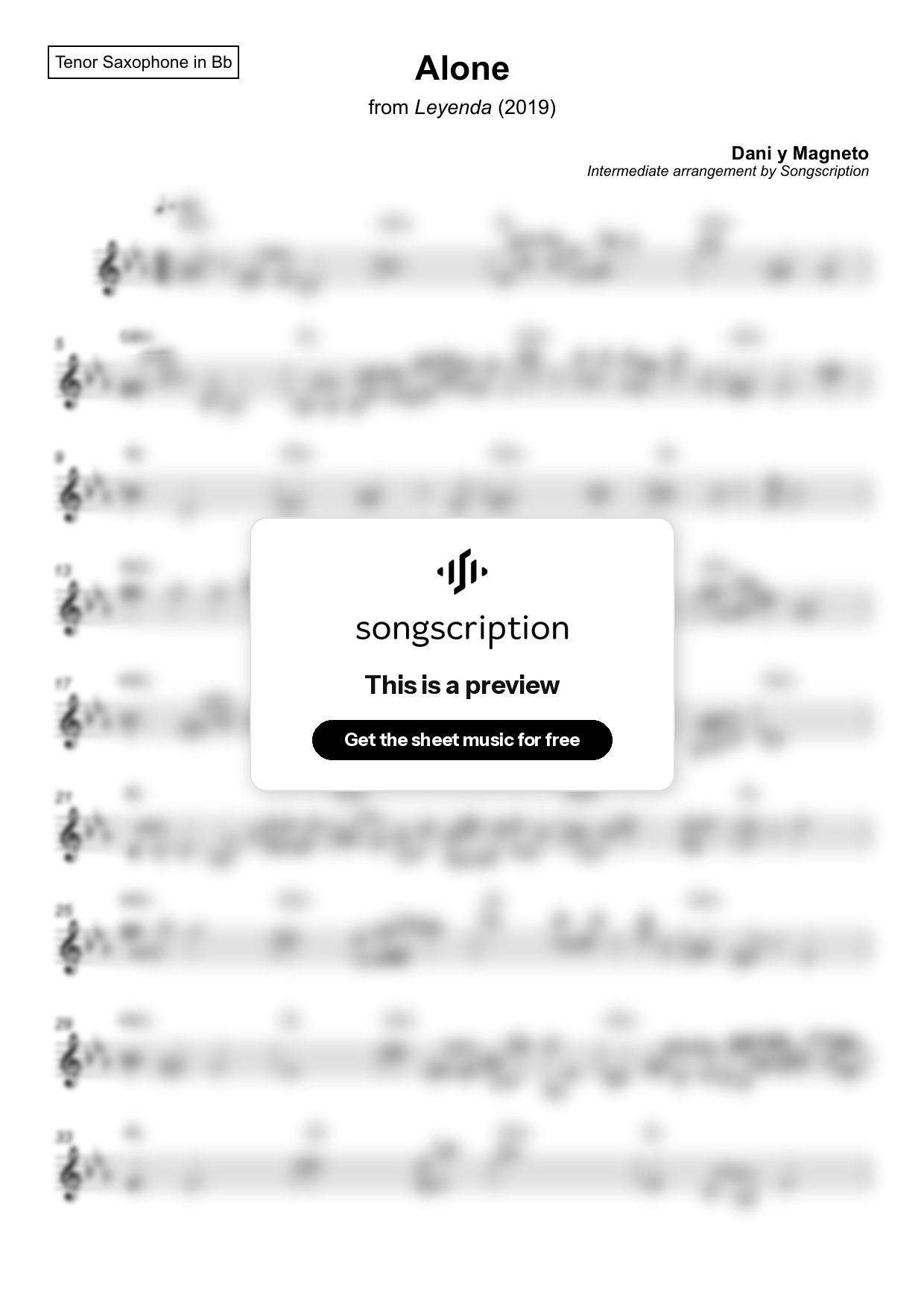 Intermediate Tenor Sax Sheet Music for "Alone" by Dani y Magneto