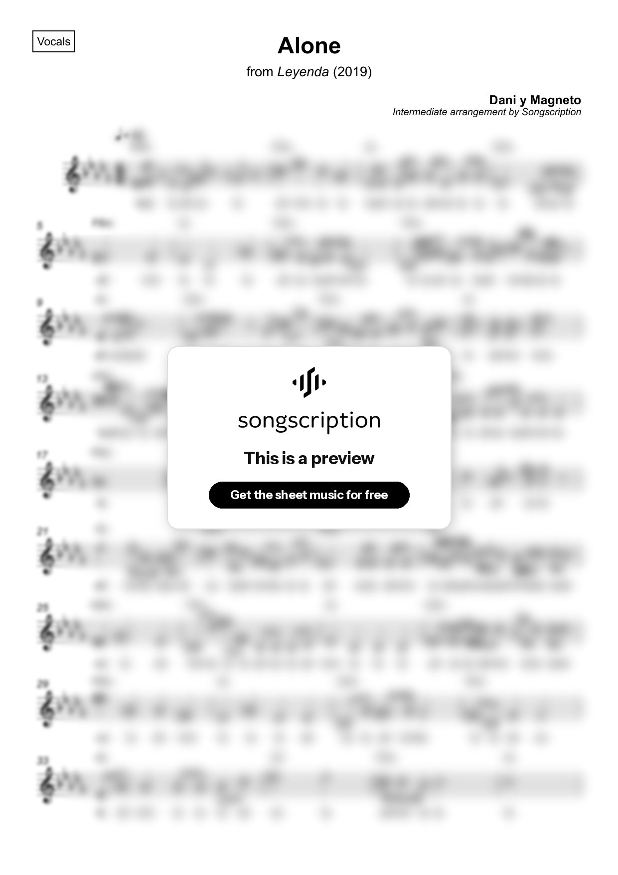 Intermediate Vocals Sheet Music for "Alone" by Dani y Magneto