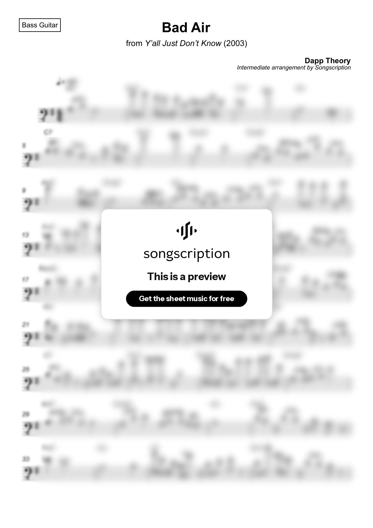 Intermediate Bass Guitar Sheet Music for "Bad Air" by Dapp Theory