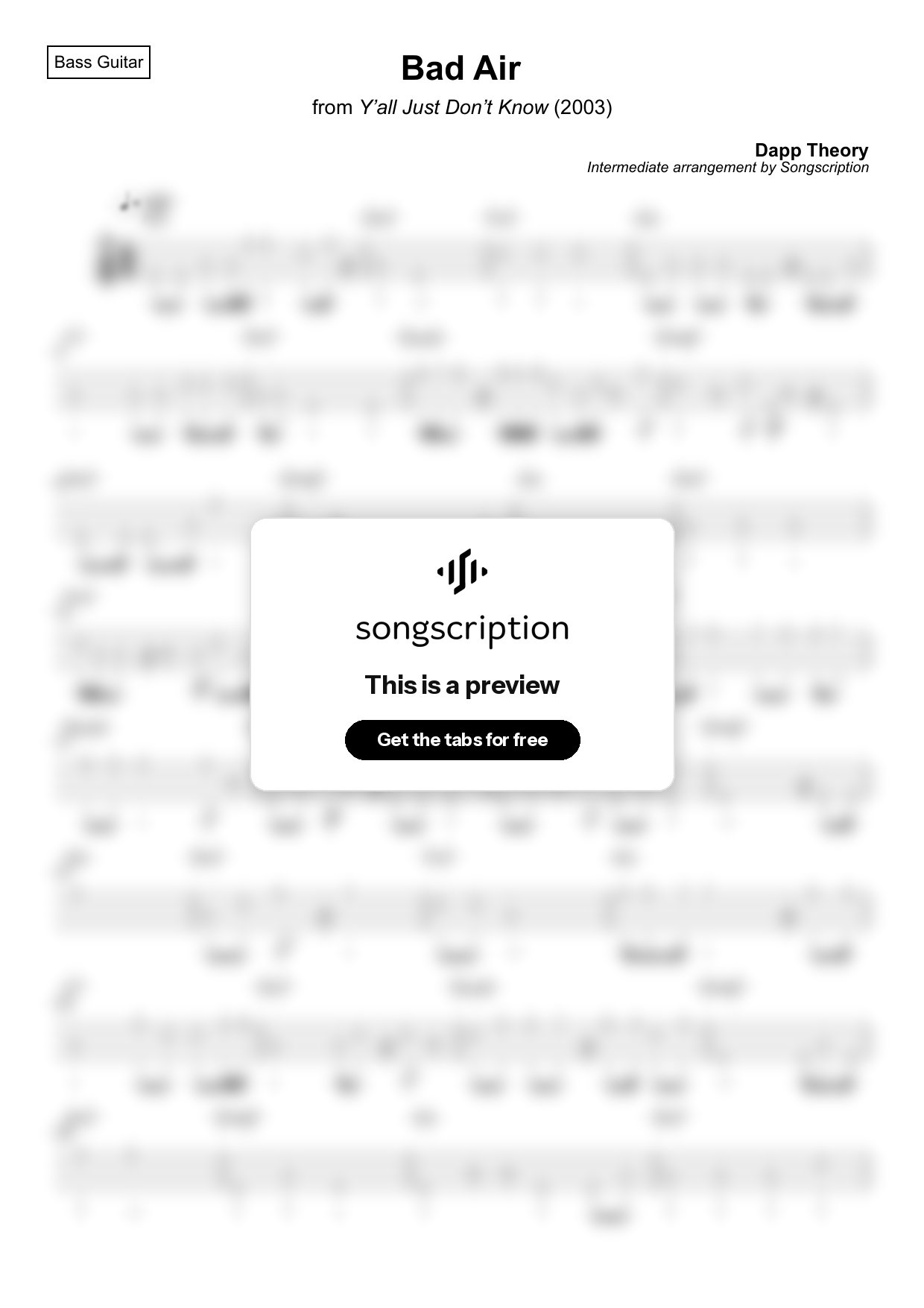 Intermediate Bass Guitar Tabs for "Bad Air" by Dapp Theory