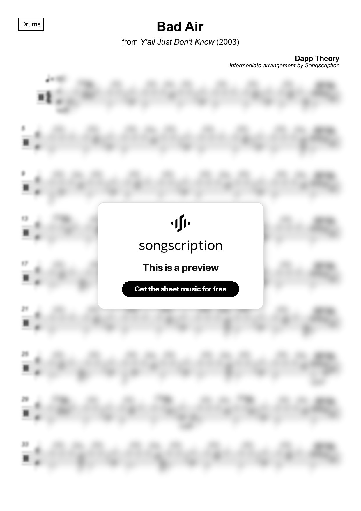 Intermediate Drums Sheet Music for "Bad Air" by Dapp Theory