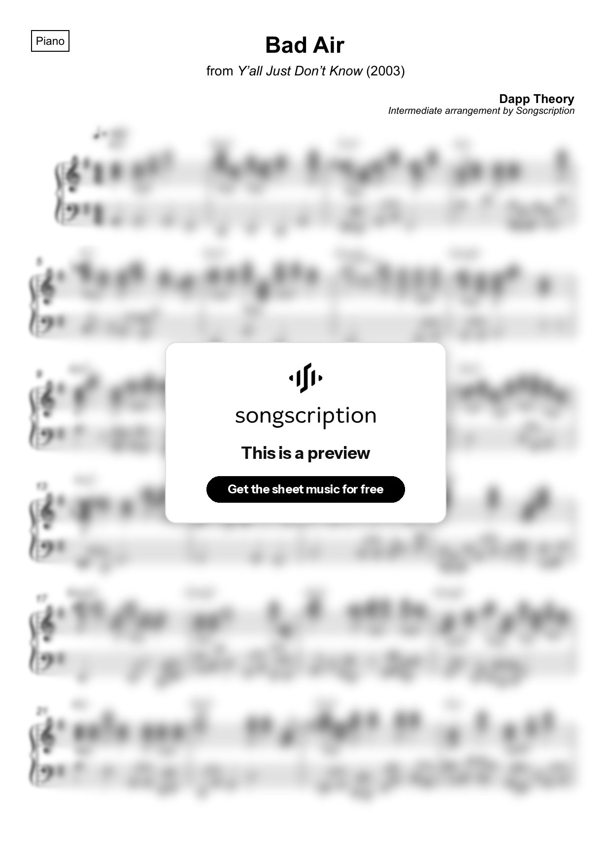 Intermediate Piano Sheet Music for "Bad Air" by Dapp Theory