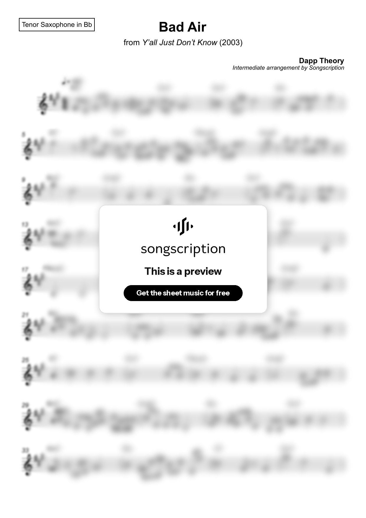 Intermediate Tenor Sax Sheet Music for "Bad Air" by Dapp Theory