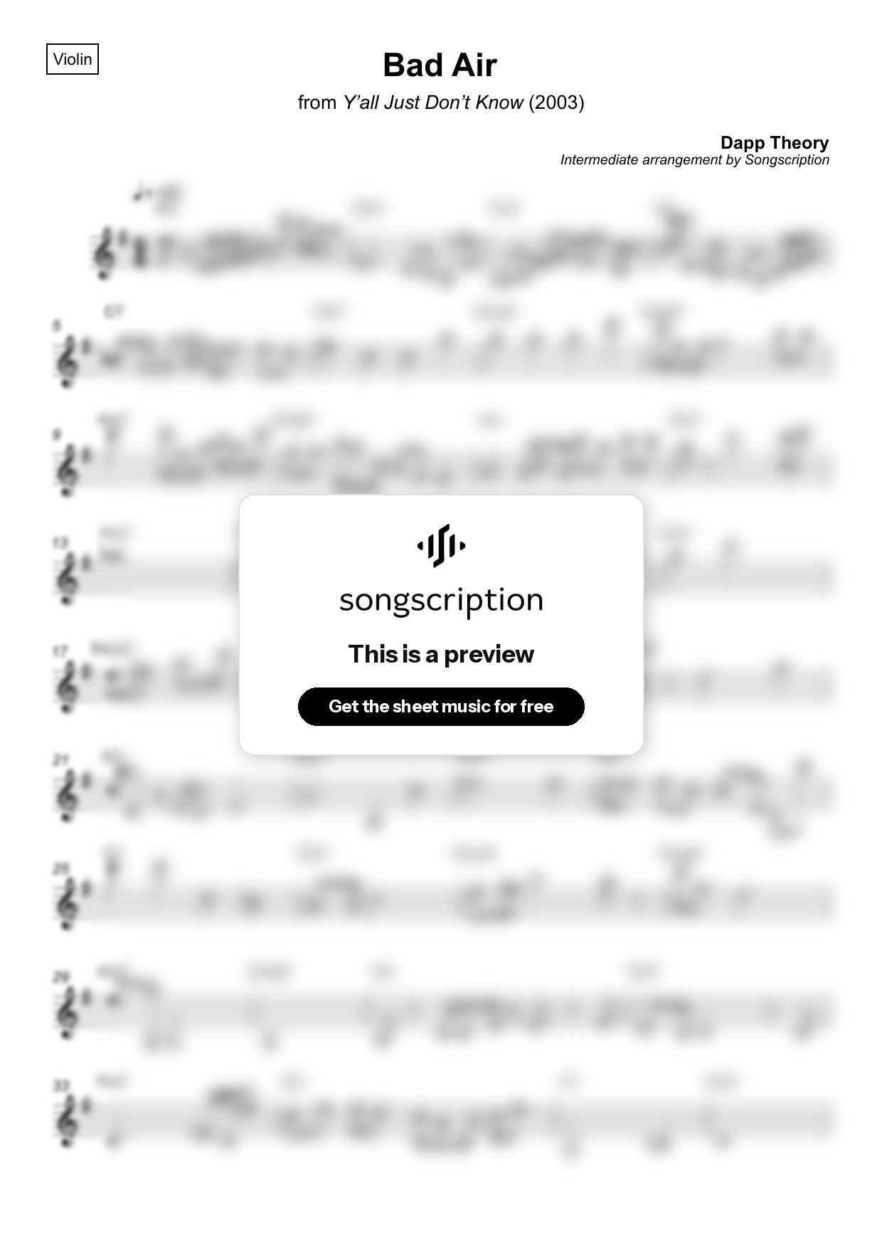 Intermediate Violin Sheet Music for "Bad Air" by Dapp Theory