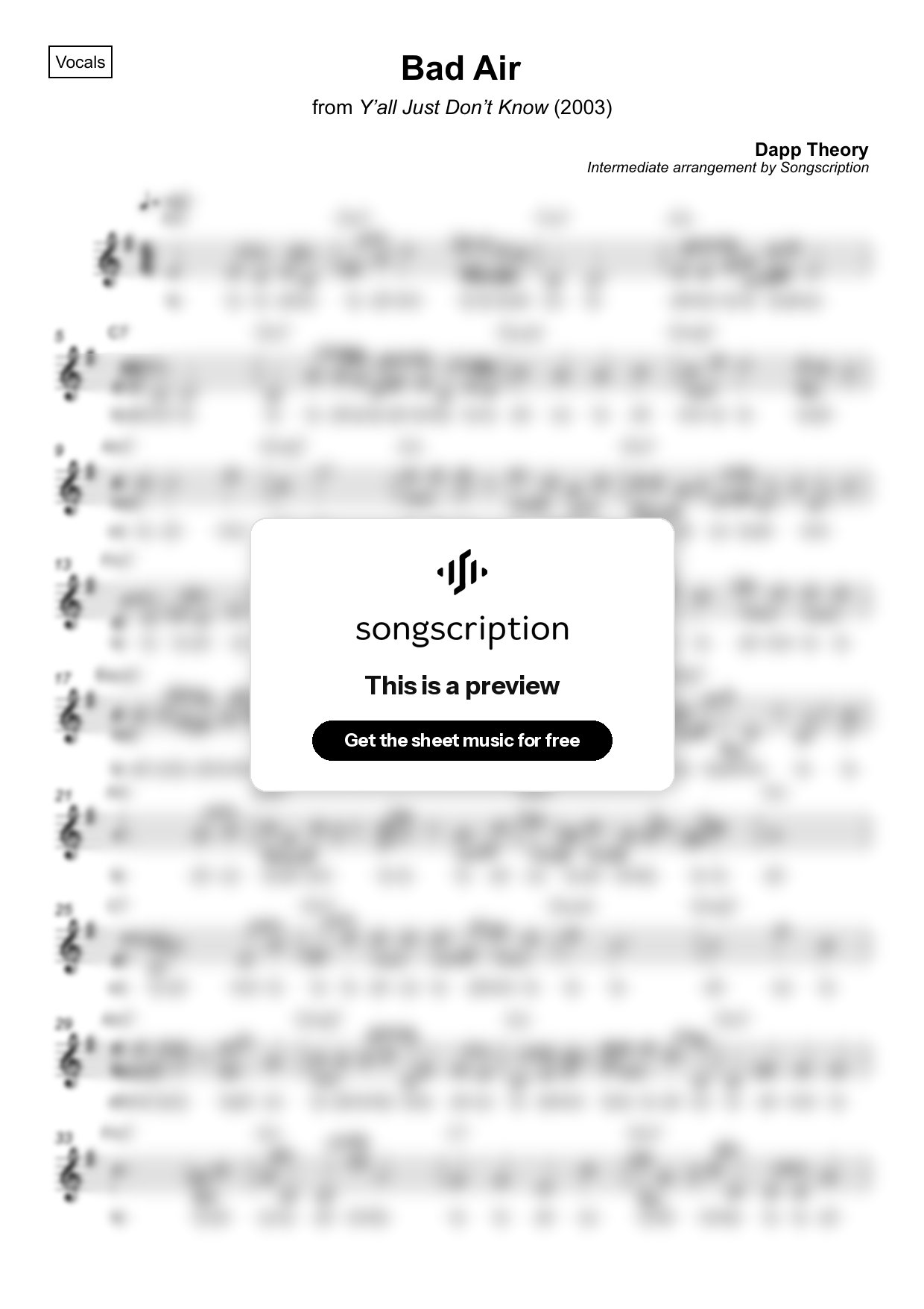 Intermediate Vocals Sheet Music for "Bad Air" by Dapp Theory