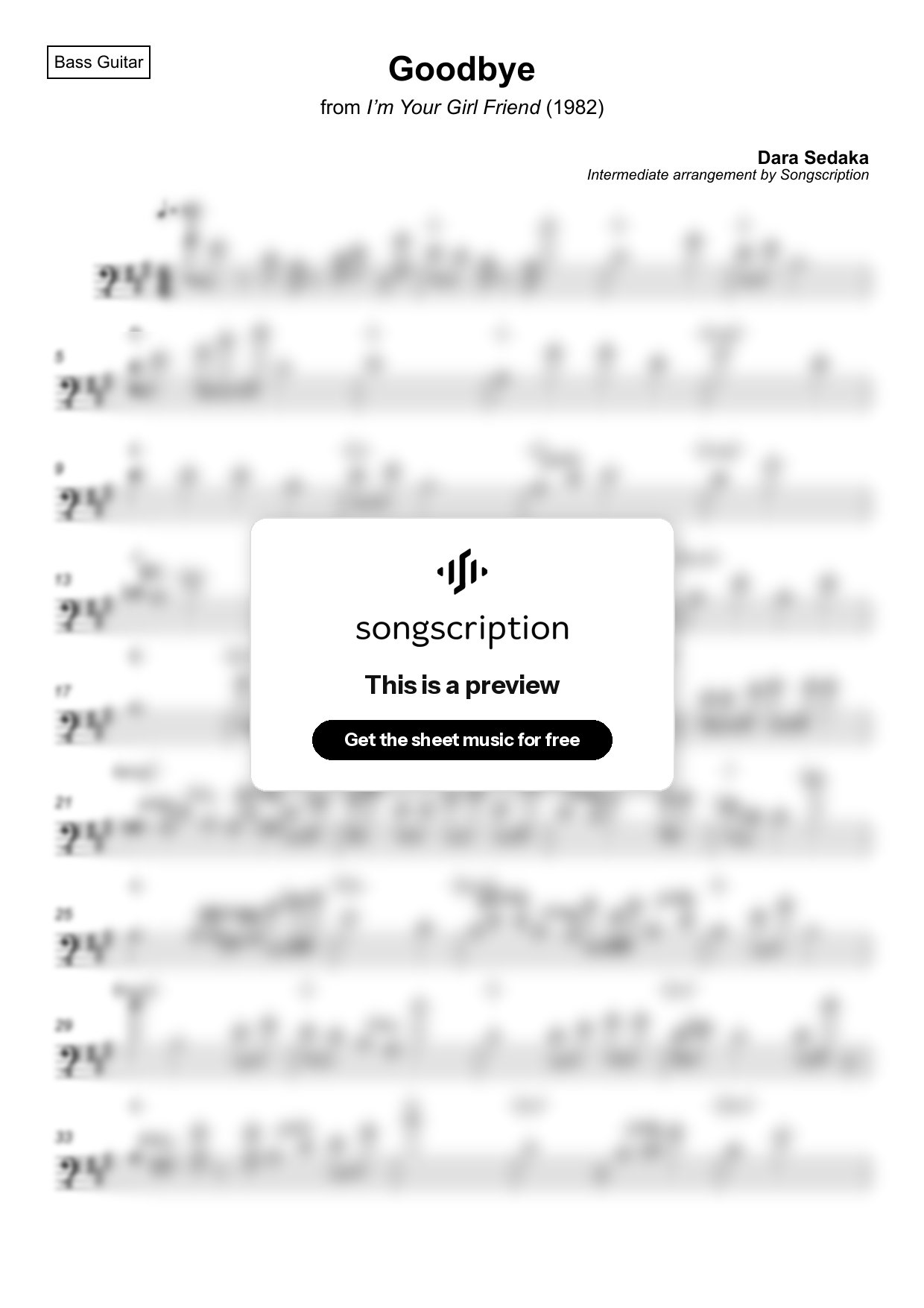 Intermediate Bass Guitar Sheet Music for "Goodbye" by Dara Sedaka