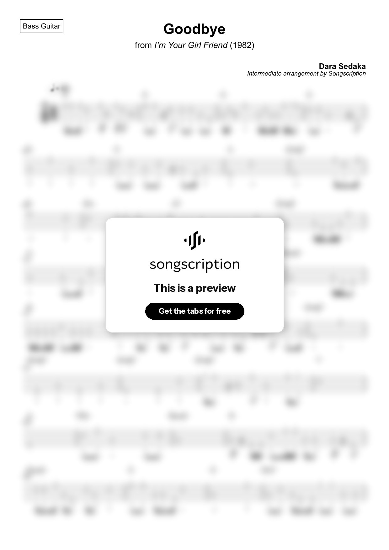 Intermediate Bass Guitar Tabs for "Goodbye" by Dara Sedaka