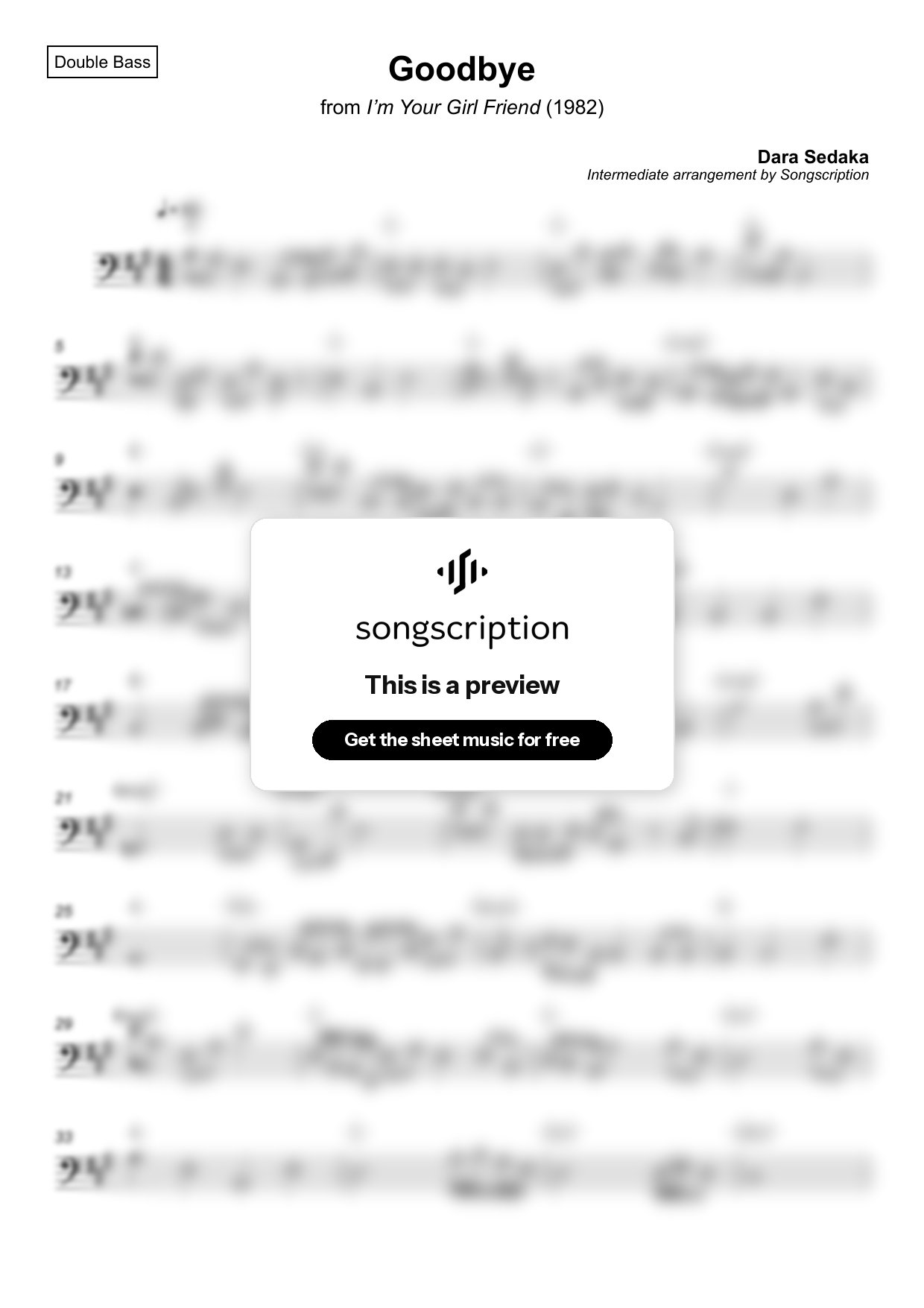Intermediate Double Bass Sheet Music for "Goodbye" by Dara Sedaka
