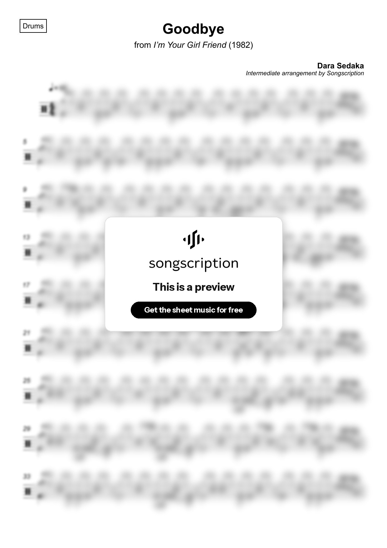 Intermediate Drums Sheet Music for "Goodbye" by Dara Sedaka