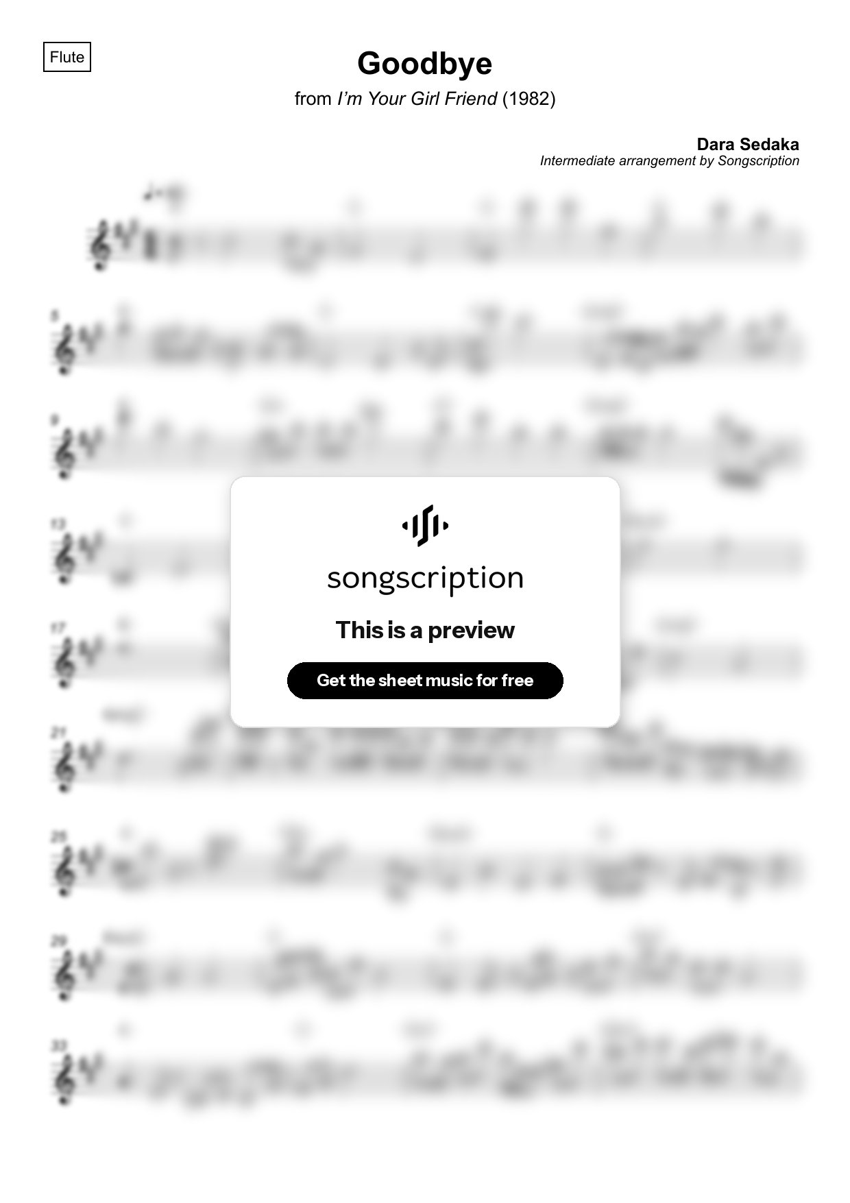 Intermediate Flute Sheet Music for "Goodbye" by Dara Sedaka