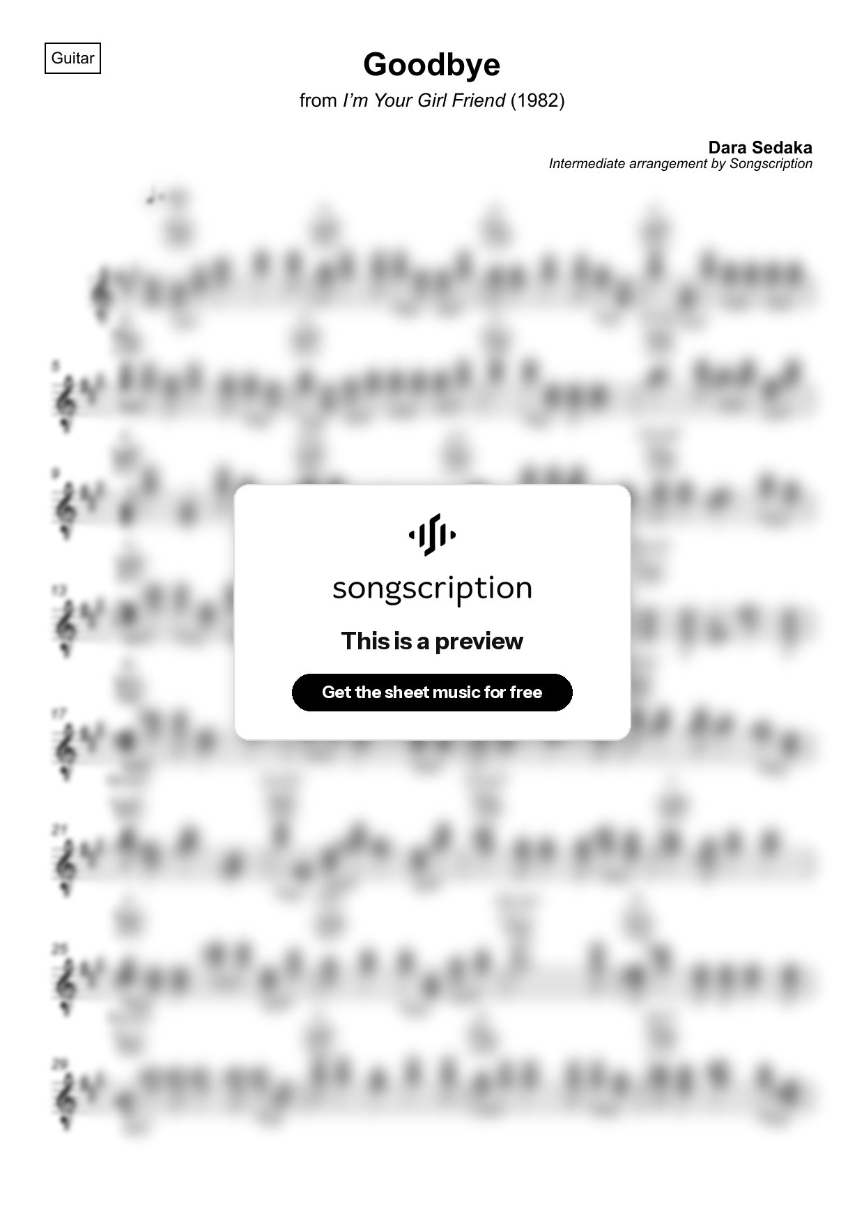 Intermediate Acoustic Guitar Sheet Music for "Goodbye" by Dara Sedaka