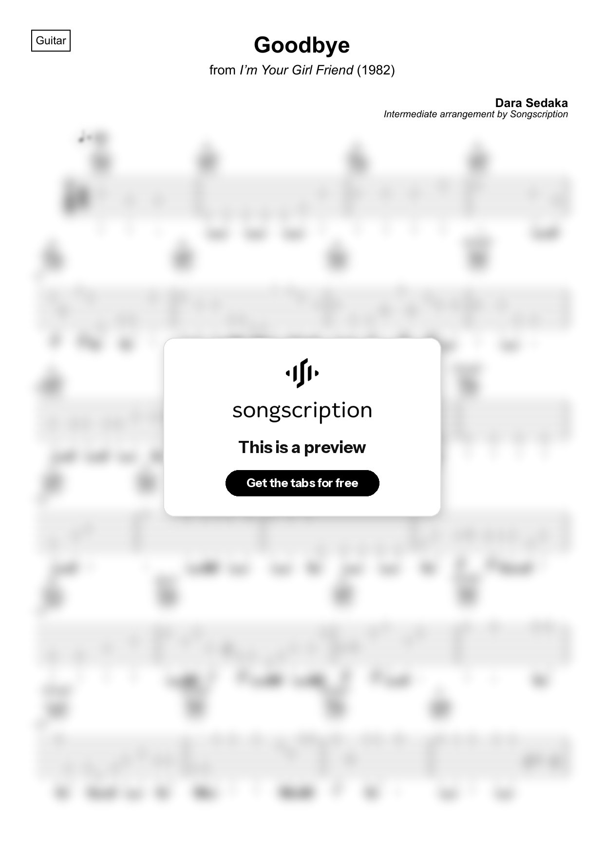 Intermediate Acoustic Guitar Tabs for "Goodbye" by Dara Sedaka