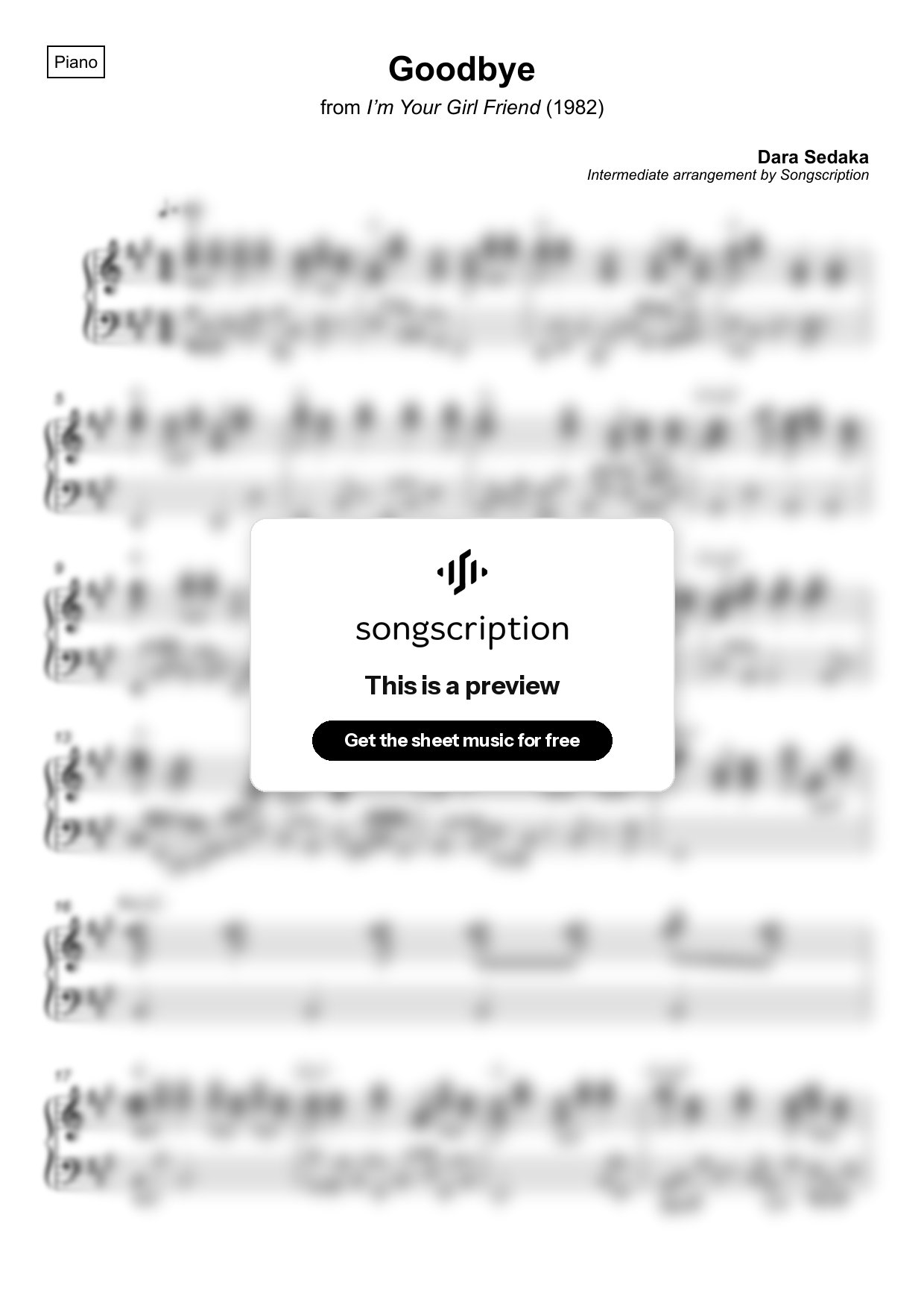 Intermediate Piano Sheet Music for "Goodbye" by Dara Sedaka