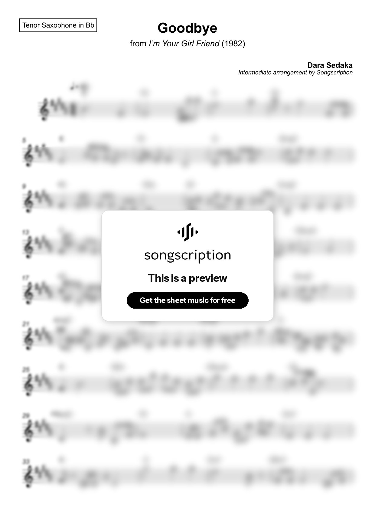 Intermediate Tenor Sax Sheet Music for "Goodbye" by Dara Sedaka