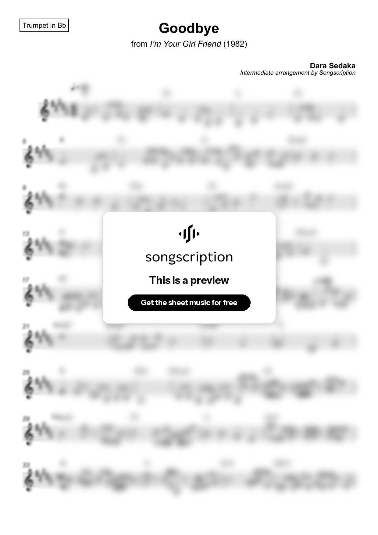 Intermediate Trumpet Sheet Music for "Goodbye" by Dara Sedaka