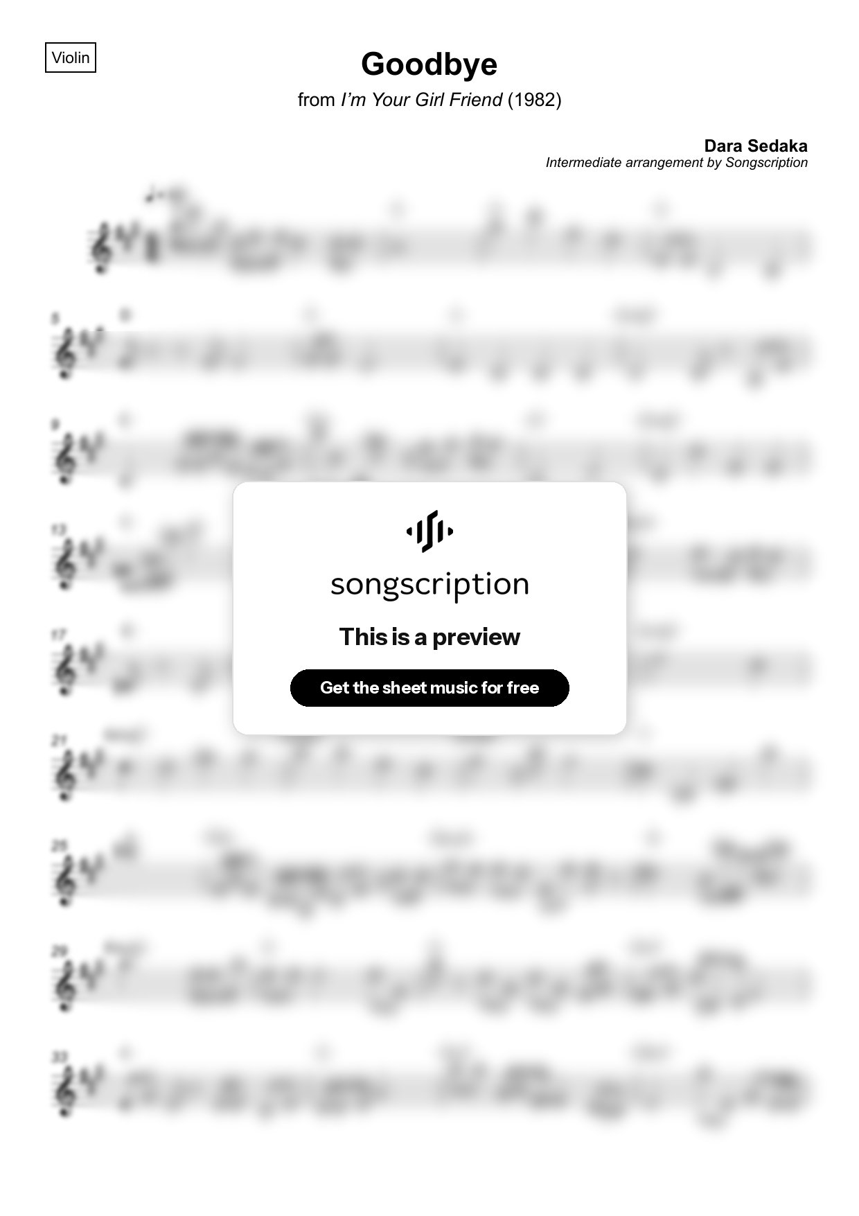 Intermediate Violin Sheet Music for "Goodbye" by Dara Sedaka