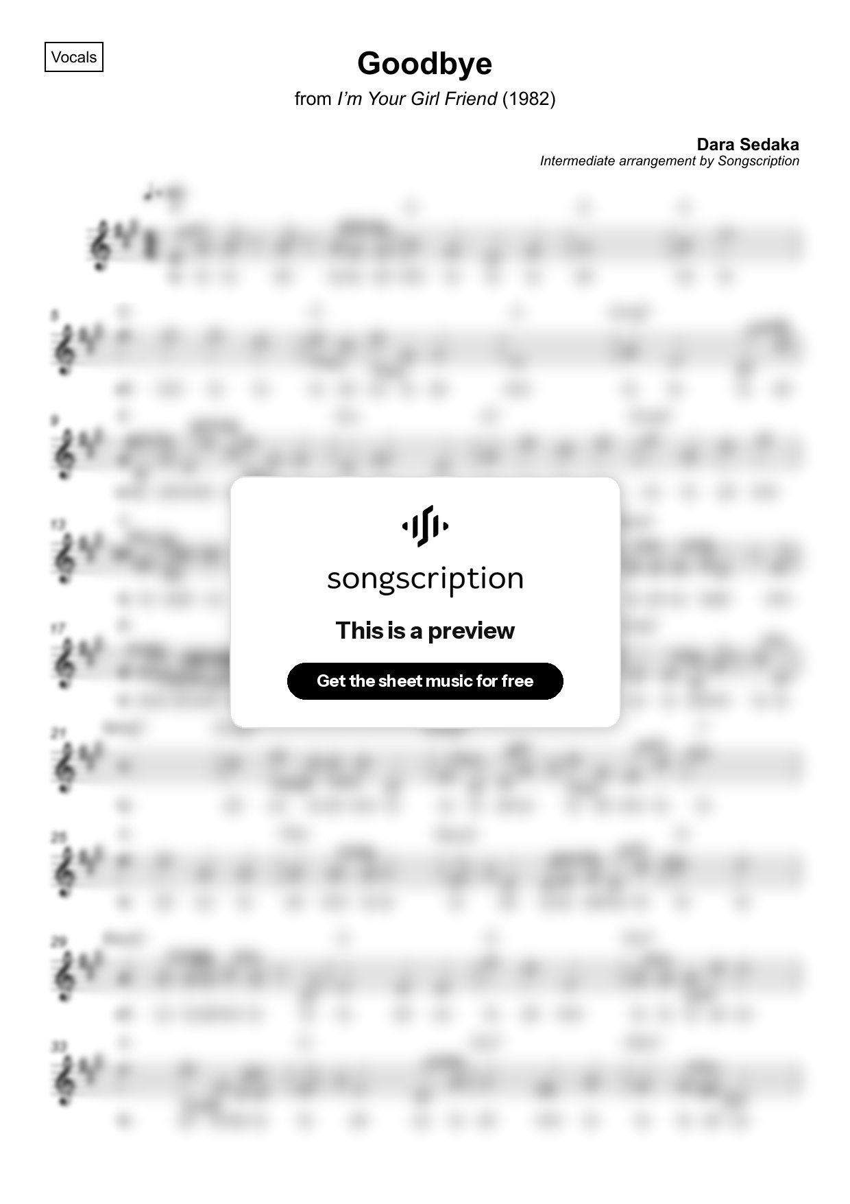 Intermediate Vocals Sheet Music for "Goodbye" by Dara Sedaka