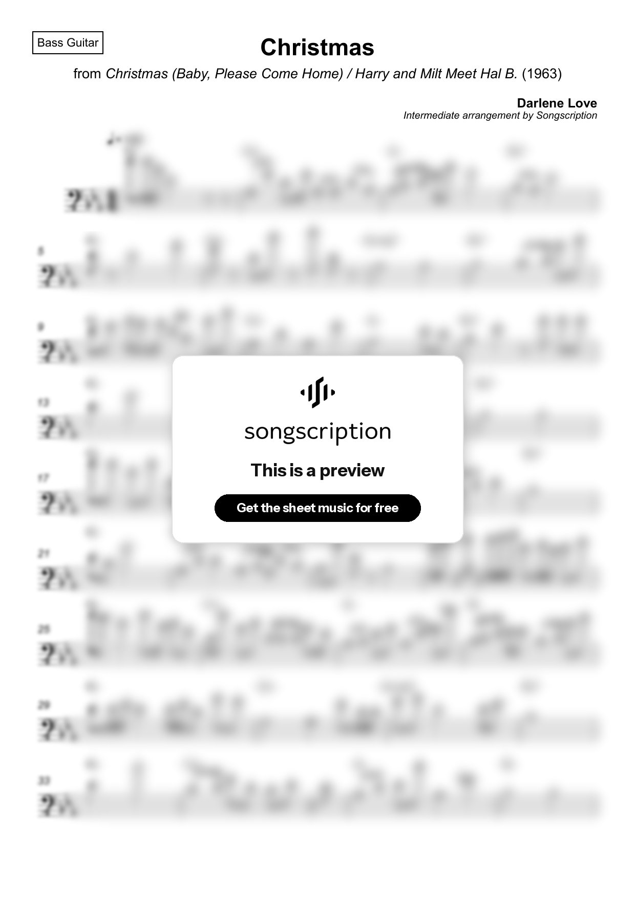 Intermediate Bass Guitar Sheet Music for "Christmas" by Darlene Love