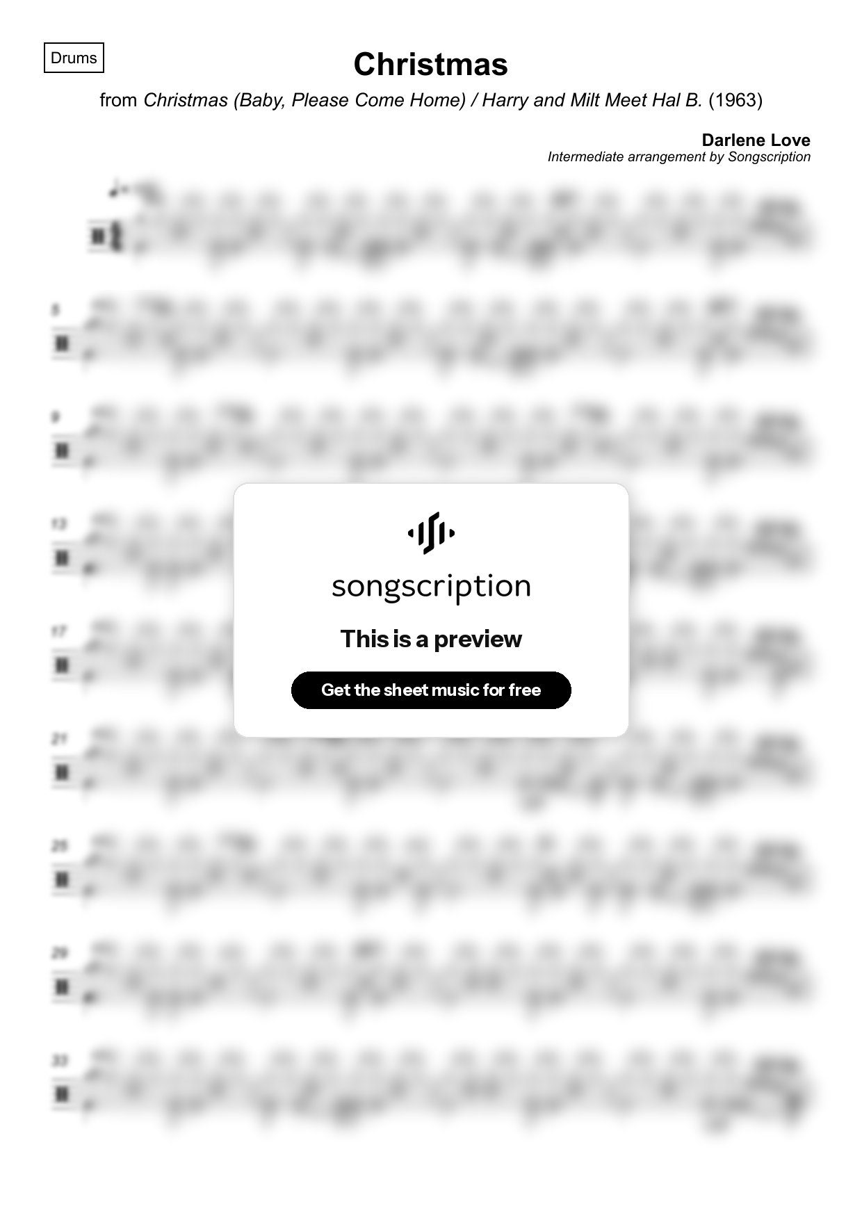Intermediate Drums Sheet Music for "Christmas" by Darlene Love