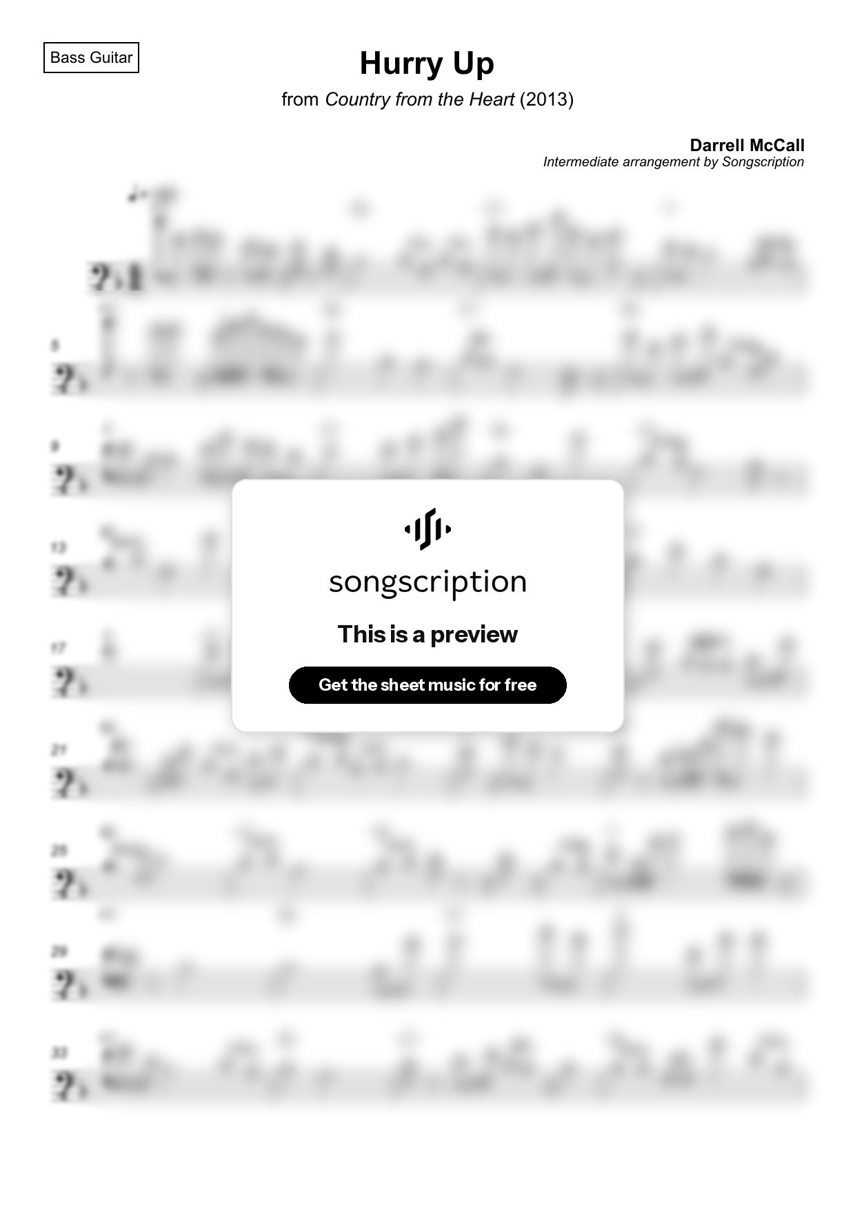 Intermediate Bass Guitar Sheet Music for "Hurry Up" by Darrell McCall